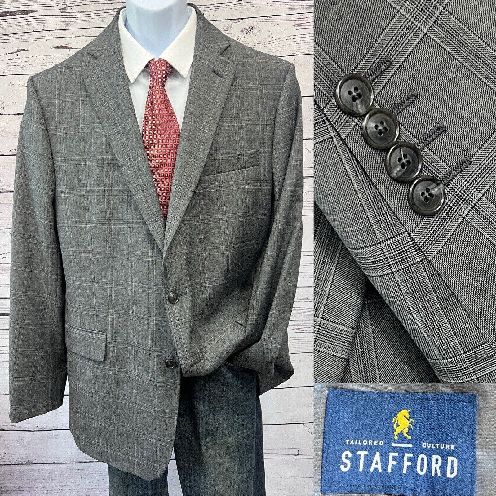 Stafford Classic Fit 2 Button Blazer Men's 46R Gray Windowpane Sport Coat