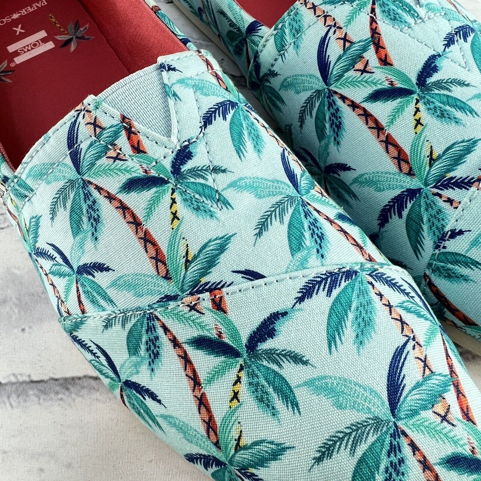 Toms X Paper Source Alpargata Slip-on Womens Size 11 Palm Trees Blue Lightweight