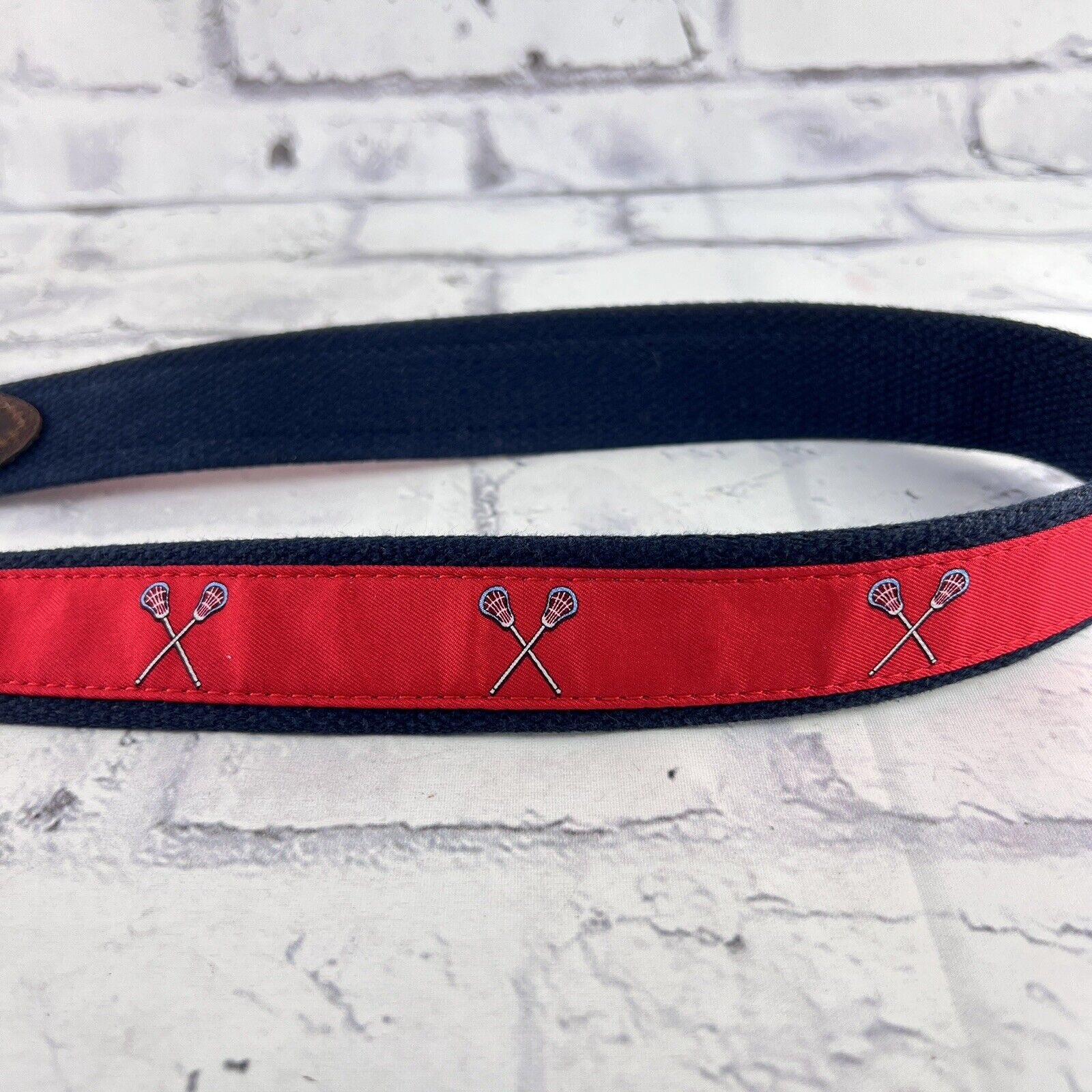 Vineyard Vines Men’s Sz 32 Belt Lacrosse Sticks Leather Canvas Brass Buckle Red
