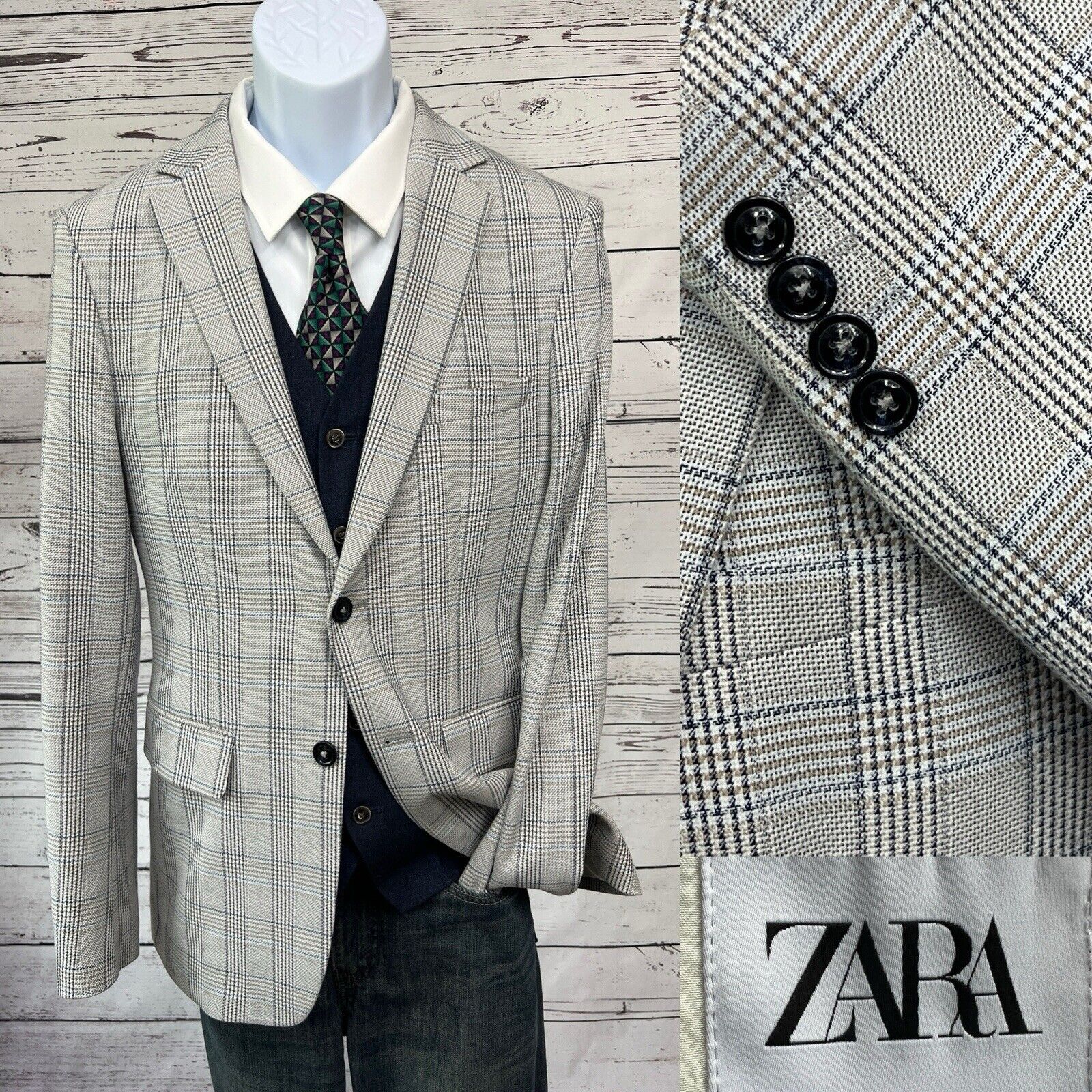 Zara 2 Button Sport Coat Mens 38 Jacket Plaid Gray Blue Blazer Jacket Casual