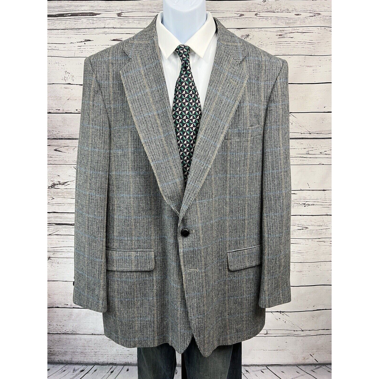 Bardstown 2 Button Blazer Men 48L Windowpane Wool Sport Coat Jacket Gray