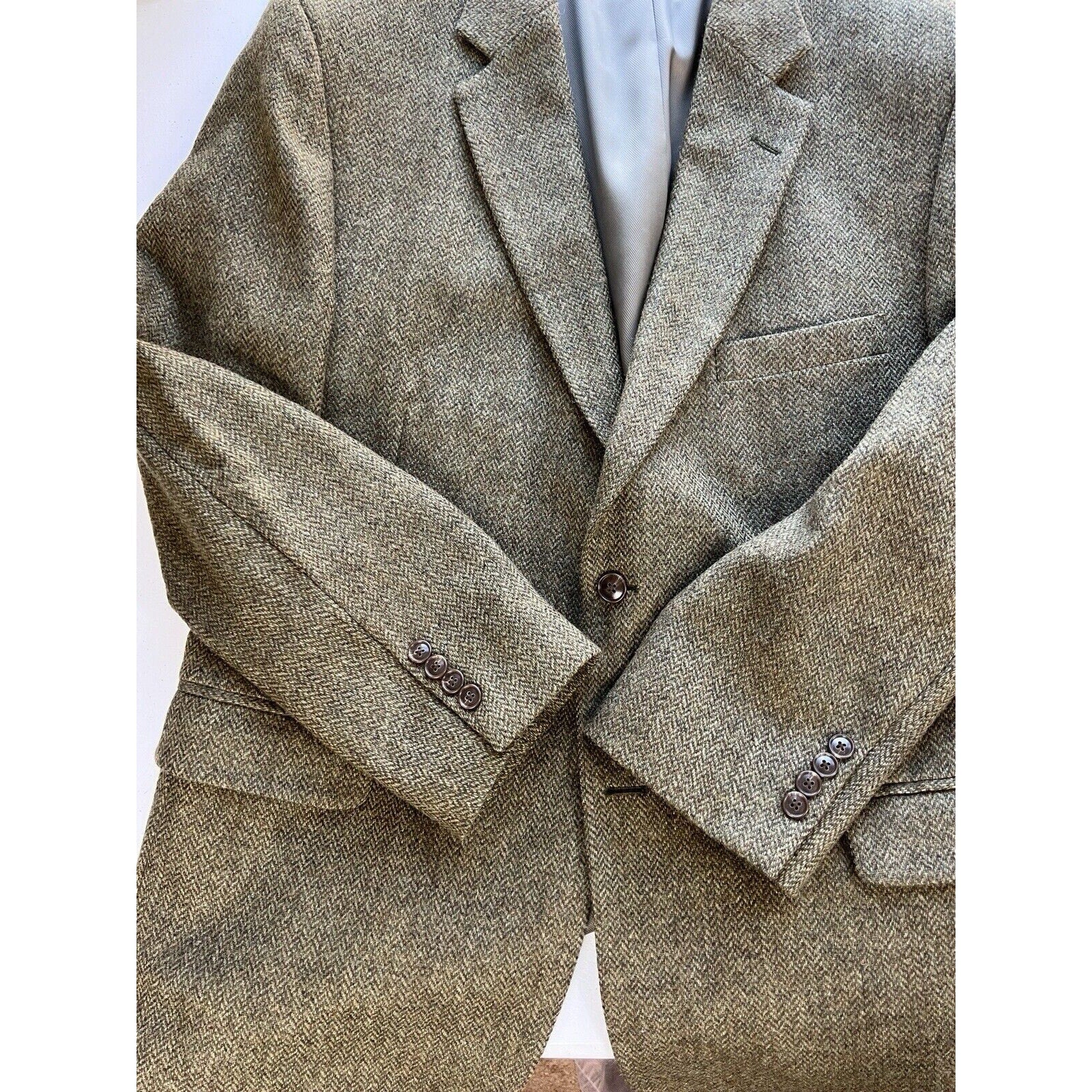 BARRINGTON 2 Button Tweed Blazer Mens 44R Herringbone Green Wool Coat Jacket