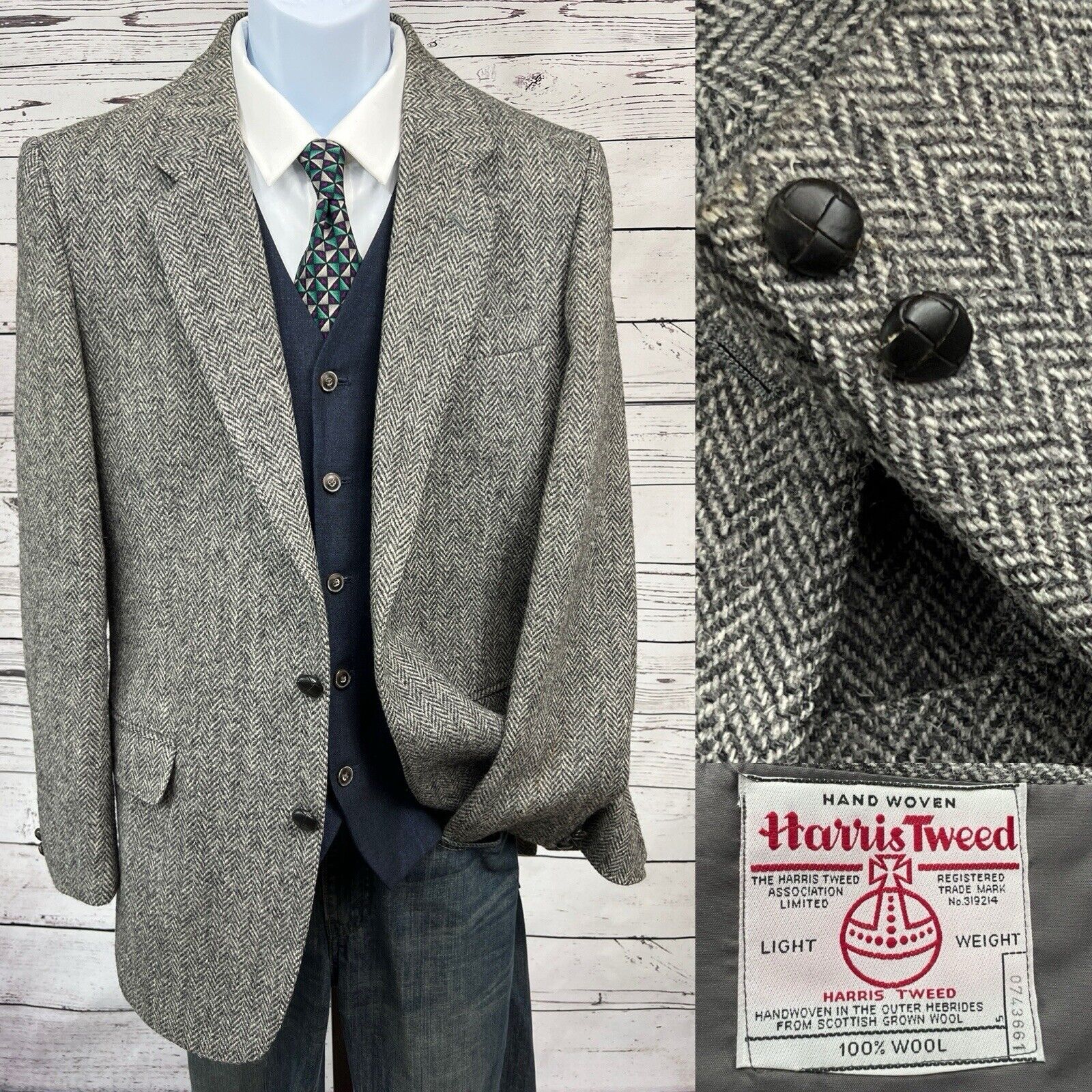 Harris Tweed 2 Button Blazer Mens 41R Wool Jacket Sport Coat Herringbone Gray