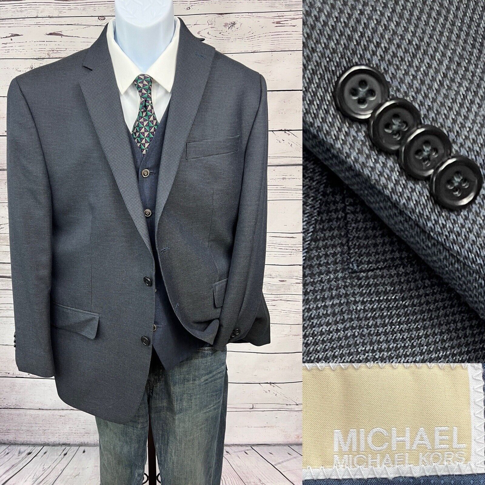 Michael Kors 2 Button Blazer Mens 42S Houndstooth Blue Wool Jacket Sport Coat