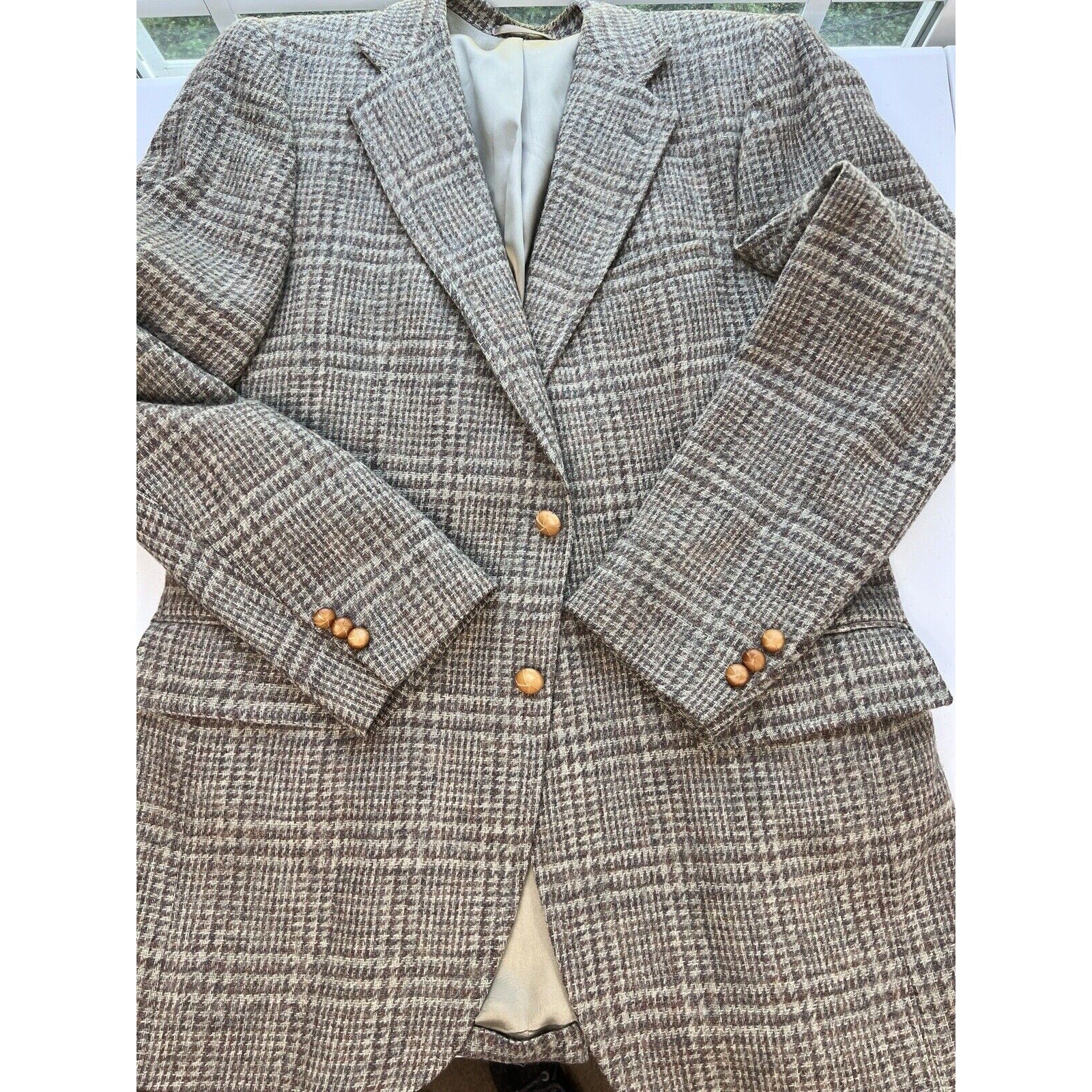 Stanley Blacker 2 Button Wool Blazer Sports Coat Men’s 42R Wood Buttons Plaid