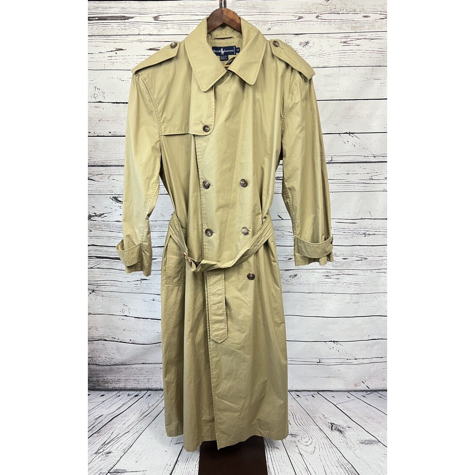 Vintage Ralph Lauren Trench Coat Women’s Size 12 Belted Double Breasted Tan