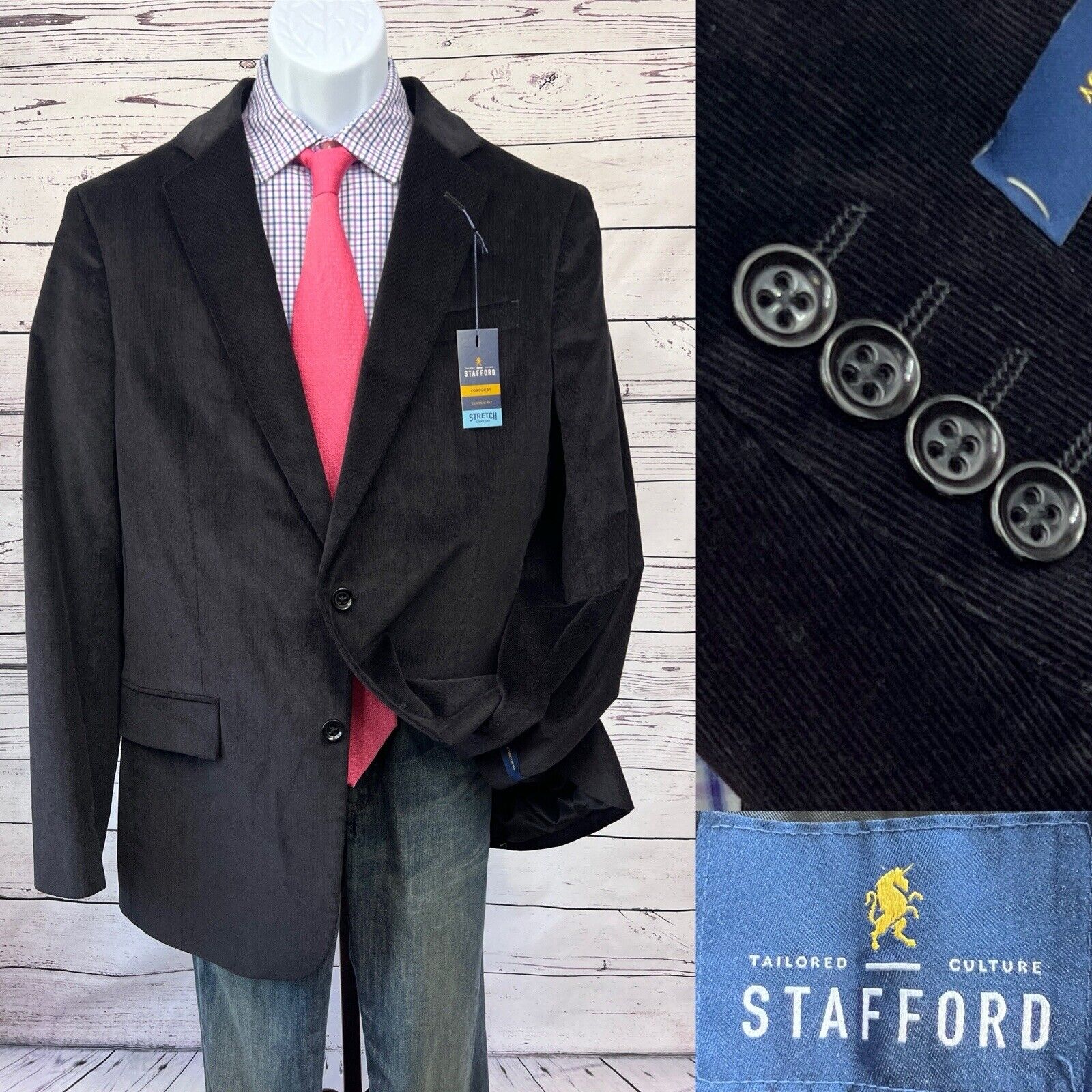 Stafford Classic Fit Corduroy 2 Button Blazer Men’s 44L Elbow Patch Sports Coat