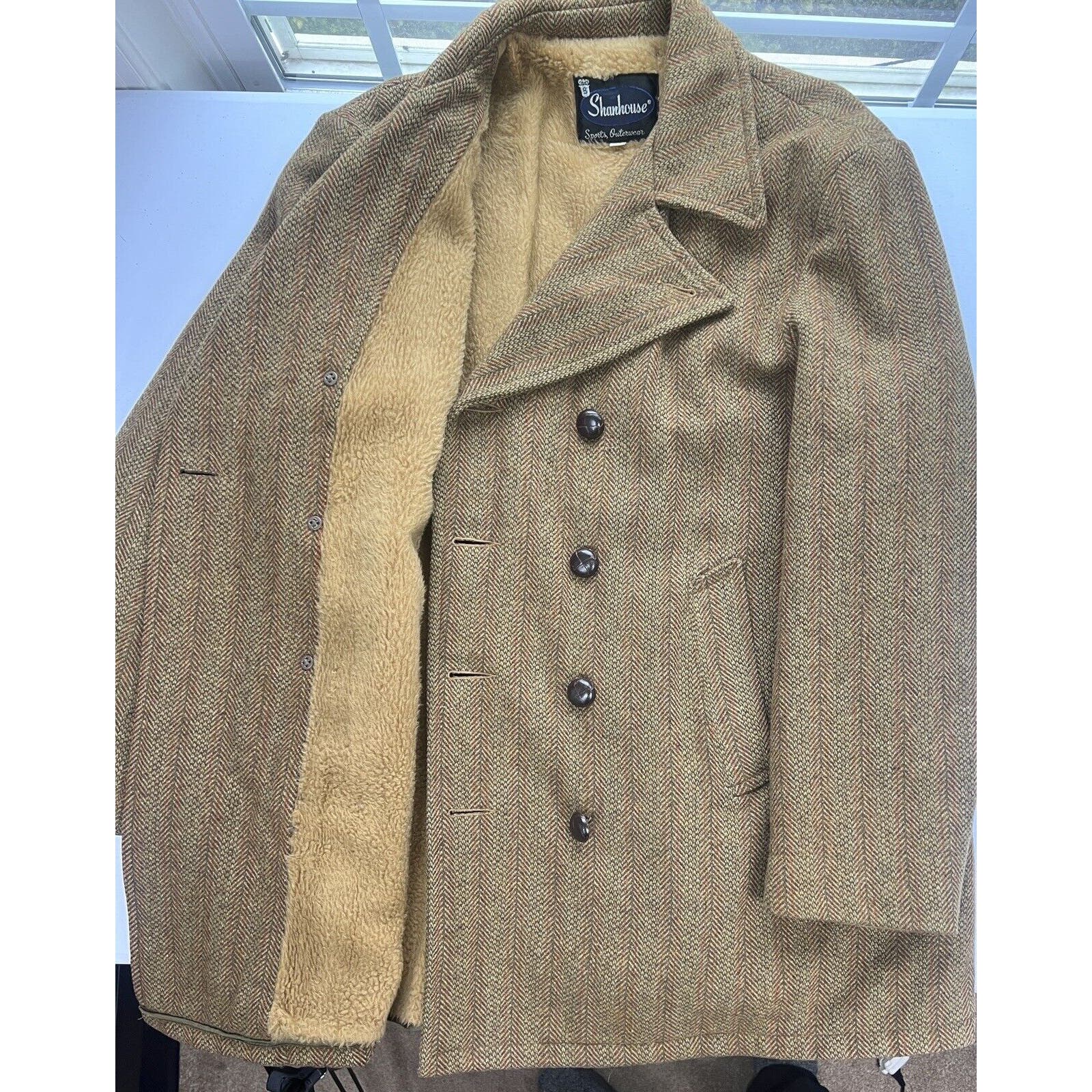 Shanhouse Tweed Overcoat Men’s 46 Faux Fur Lined Double Breasted Vintage