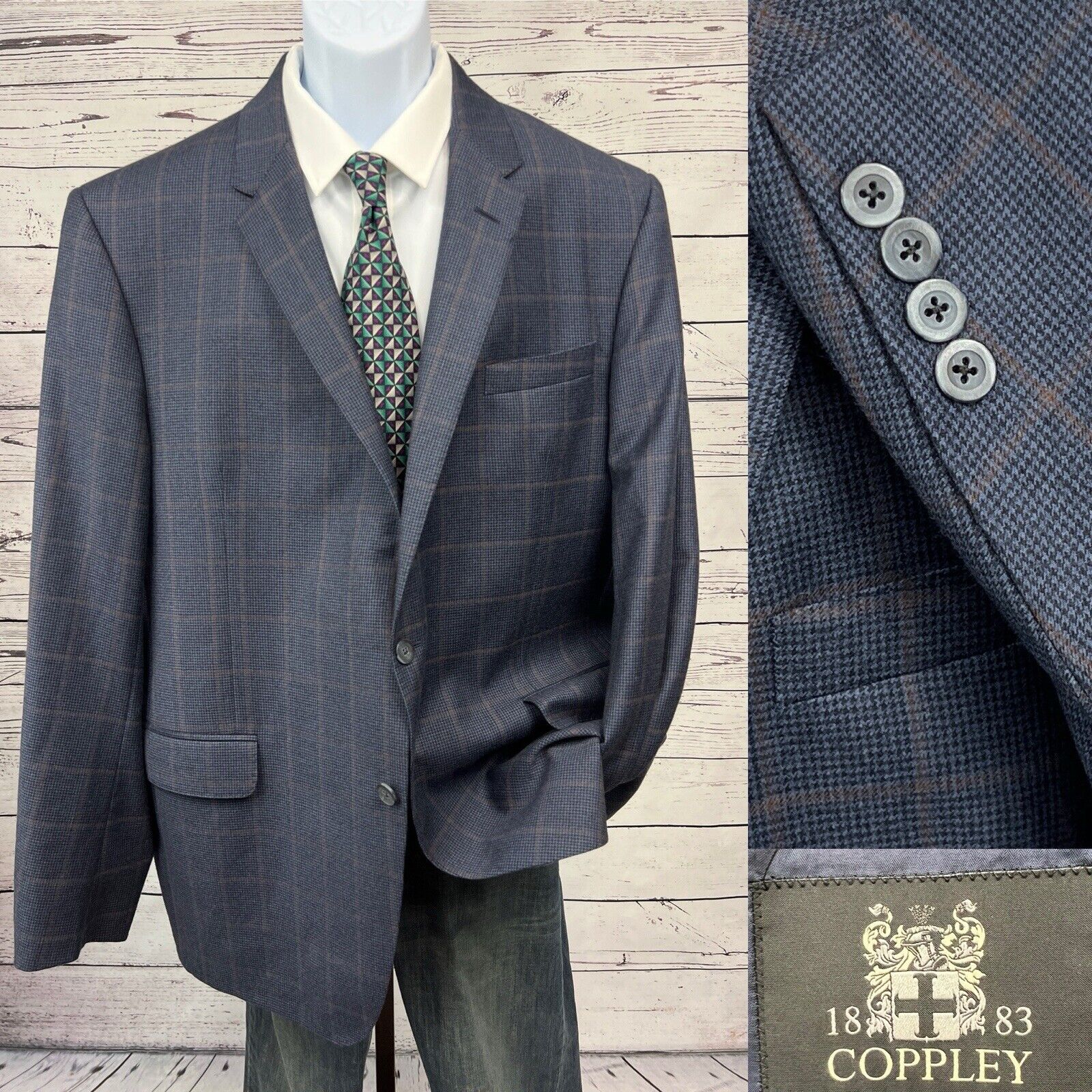 Coppley Gibson 2 Button Sport Coat Mens 50T Windowpane Wool Blue Jacket