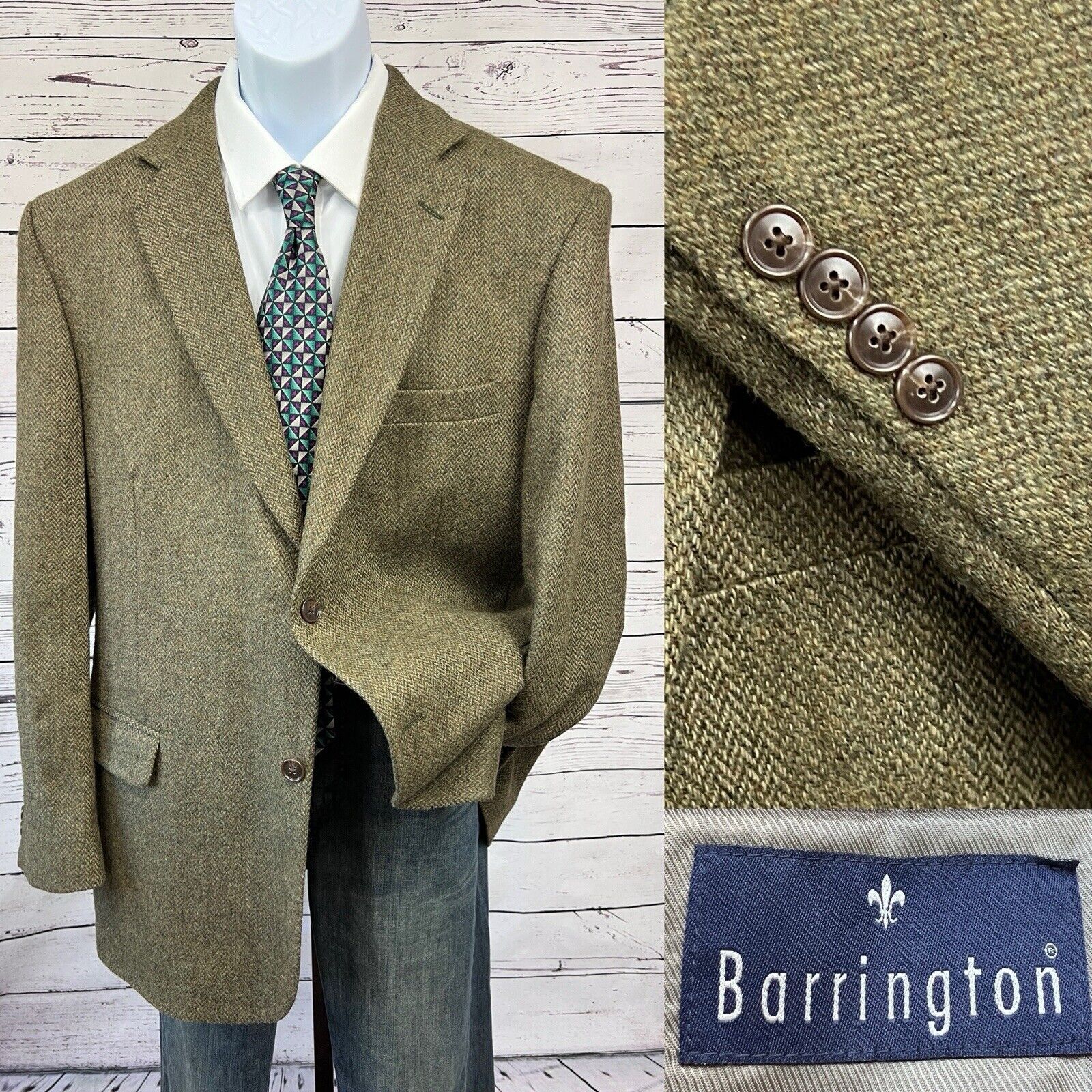 BARRINGTON 2 Button Tweed Blazer Mens 44R Herringbone Green Wool Coat Jacket