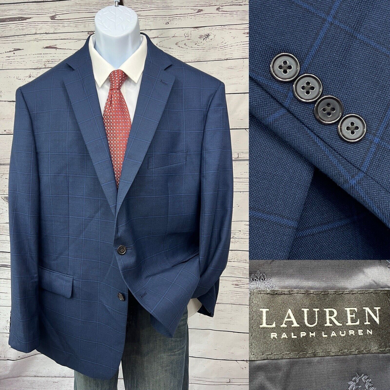 Lauren Ralph Lauren 2 Button Blazer Men’s 50R Blue Windowpane Sport Coat Jacket