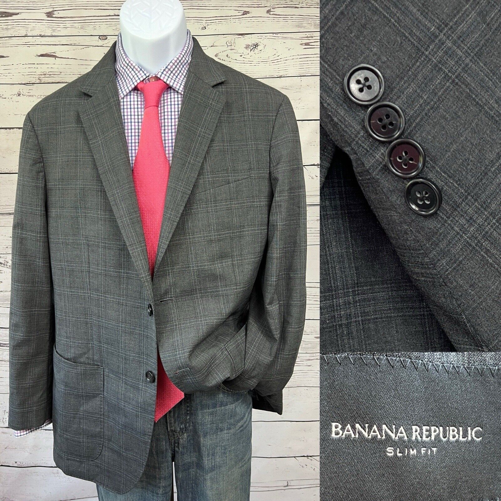 Banana Republic Blazer Mens 42R Performance Wool Blend Slim Fit Windowpane Gray