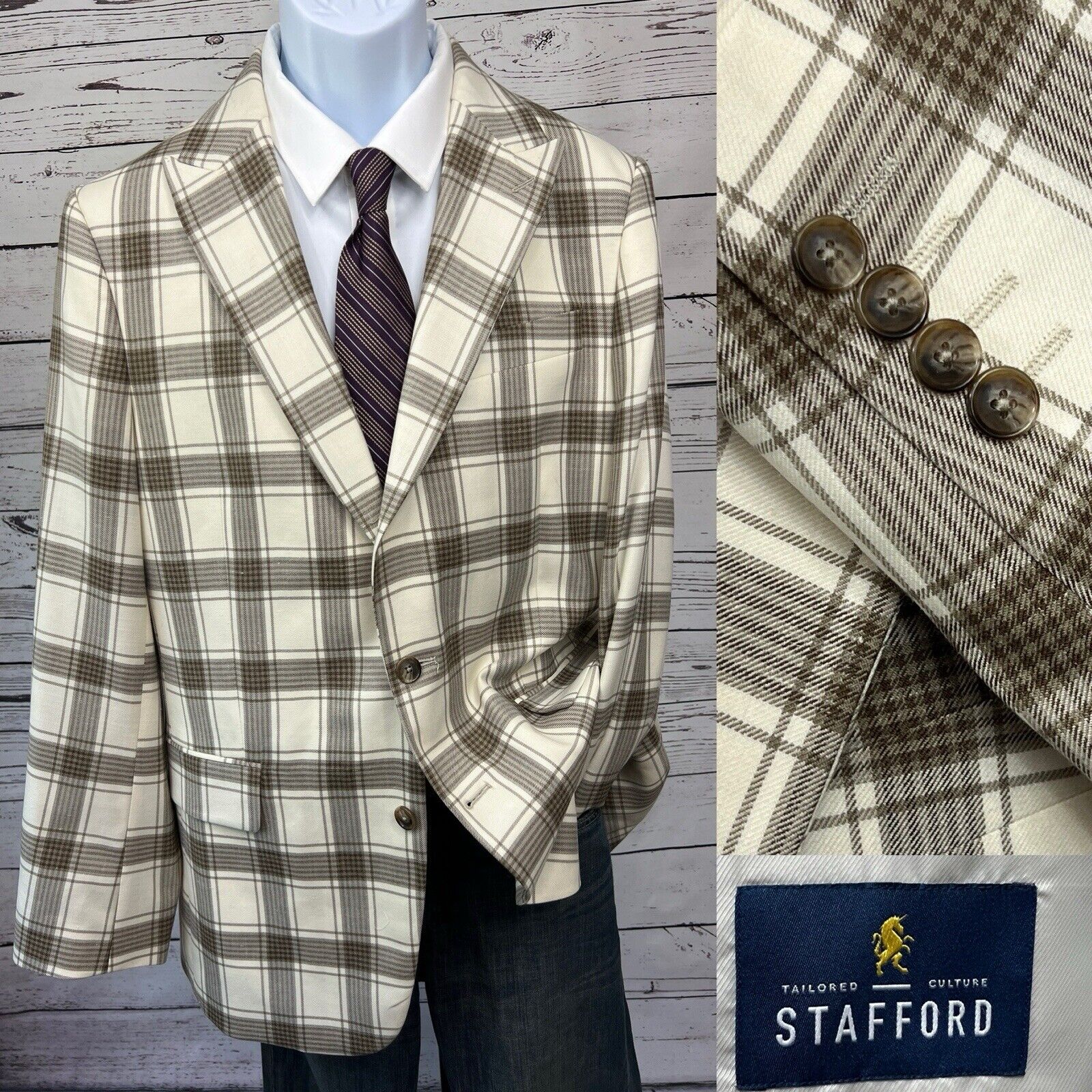 Stafford 2 Button Sport Coat Men’s 42R Wool Linen Blend Plaid Blazer Jacket