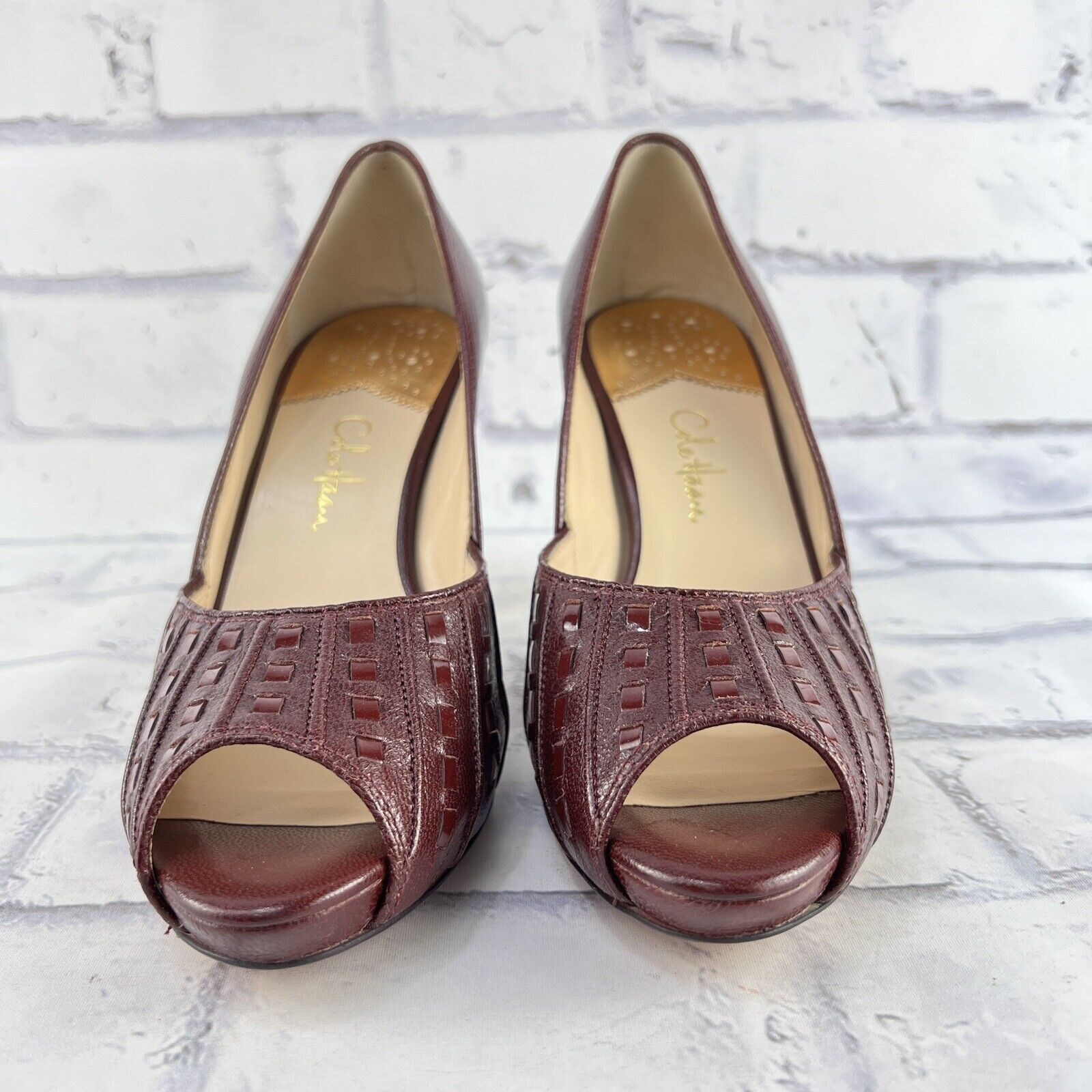 Cole Haan Melinda Pump Womens 7 B Open Toe High Heel Burgundy Red Leather Shoe