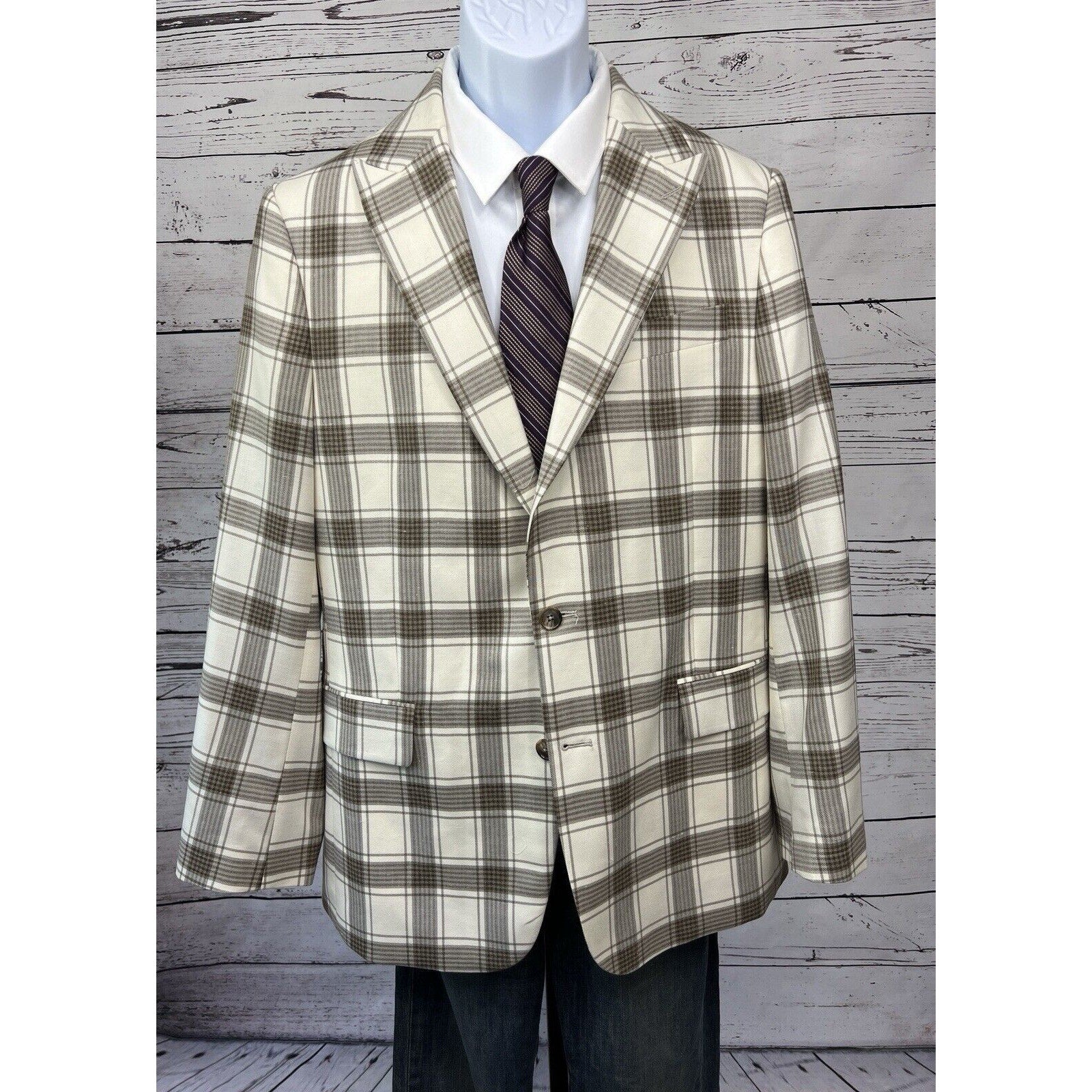 Stafford 2 Button Sport Coat Men’s 42R Wool Linen Blend Plaid Blazer Jacket