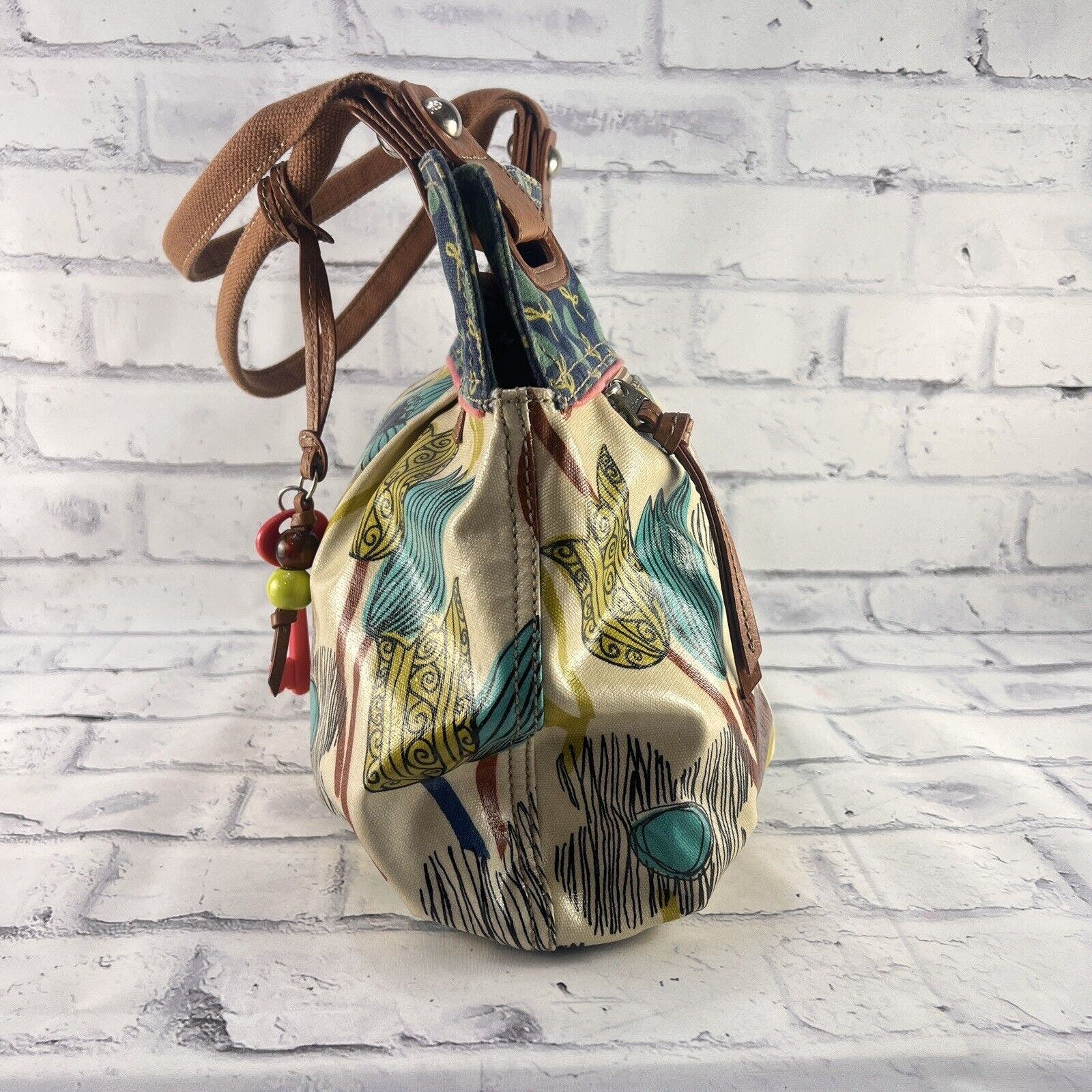 Fossil Key-Per Coated Canvas Tote Handbag Floral Pattern Large Shoulder Bag