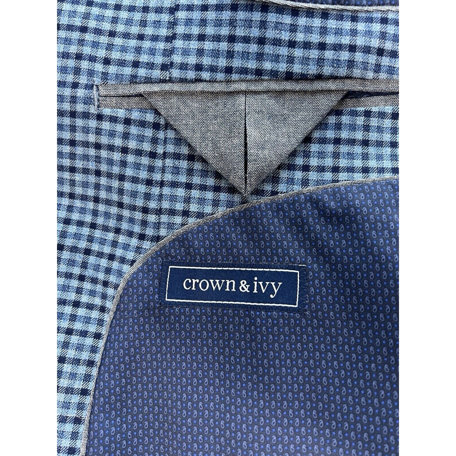 CROWN & IVY 2 Button Sport Coat Mens 52R Suit Blazer Blue Check Plaid Jacket