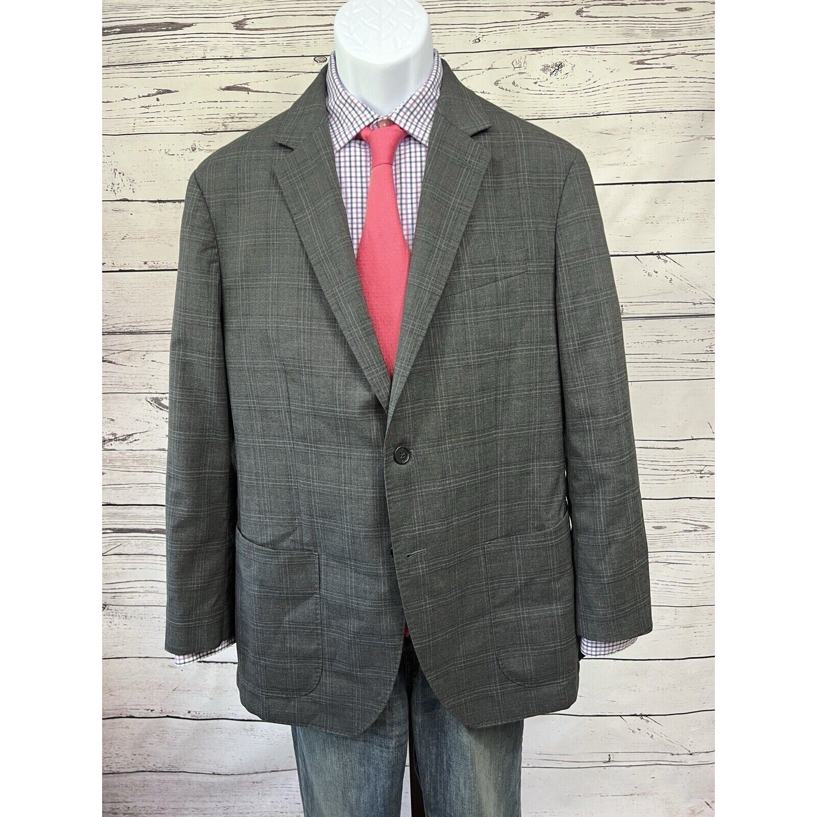 Banana Republic Blazer Mens 42R Performance Wool Blend Slim Fit Windowpane Gray