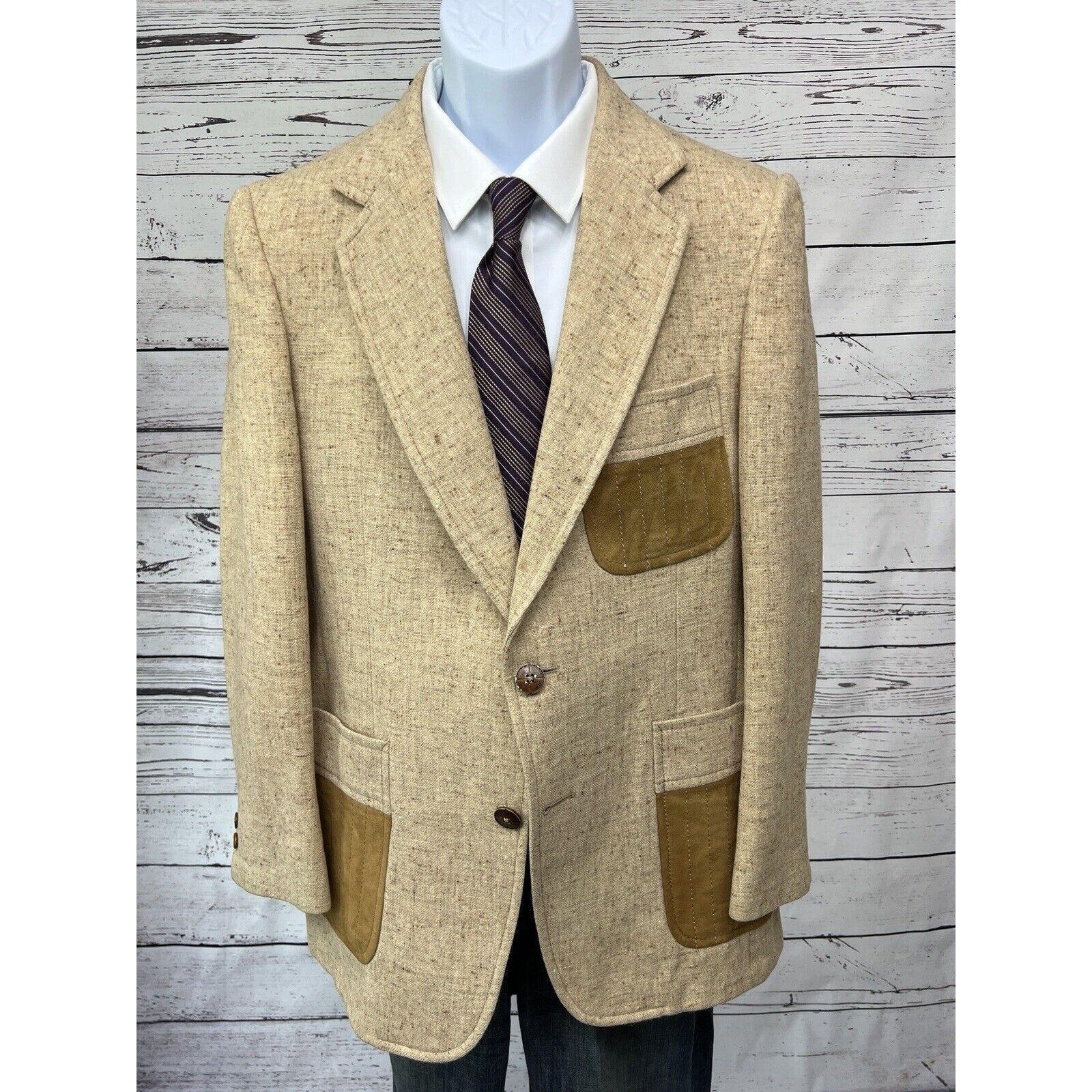 Taverly 2 Button Hunting Blazer Men’s 40R Tan Suede Accents Wool Vintage