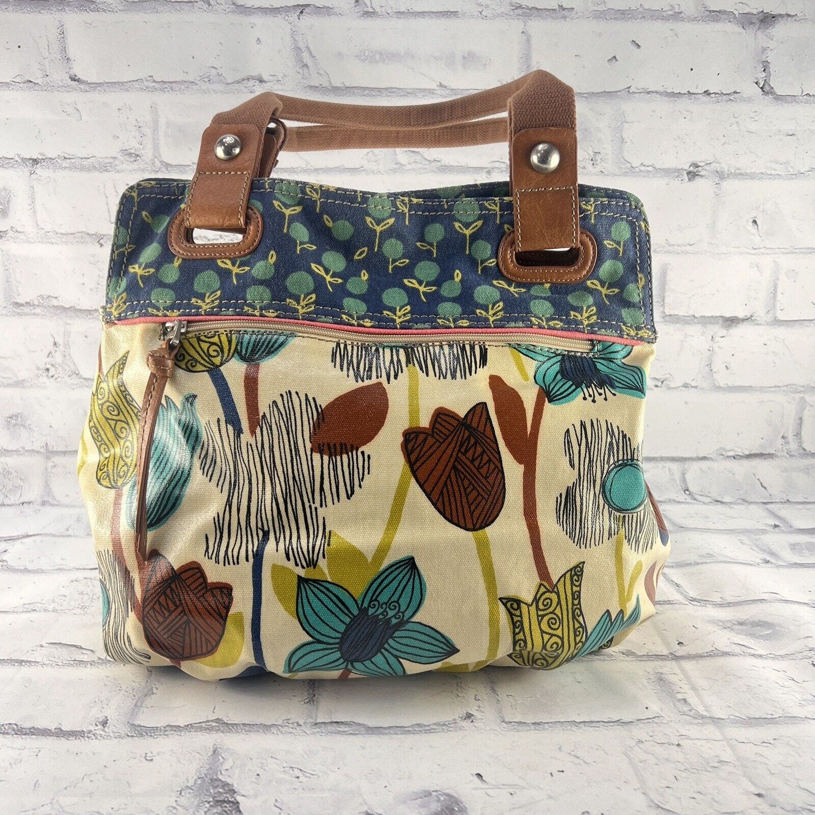Fossil Key-Per Coated Canvas Tote Handbag Floral Pattern Large Shoulder Bag