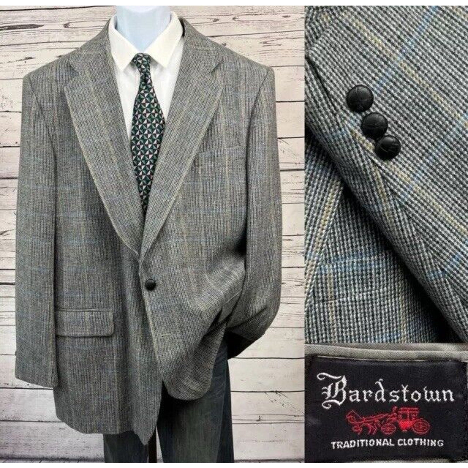 Bardstown 2 Button Blazer Men 48L Windowpane Wool Sport Coat Jacket Gray