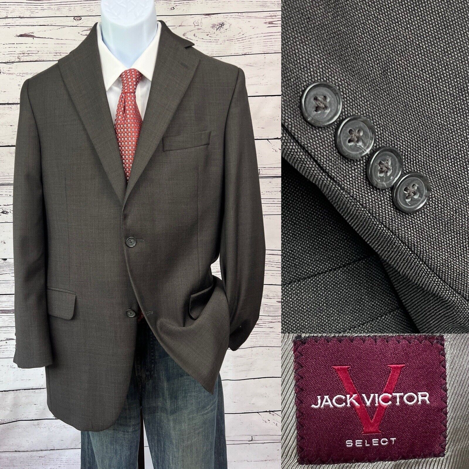 Jack Victor 2 Button Sport Coat Mens 39L Blazer Carbon Black Wool Classic