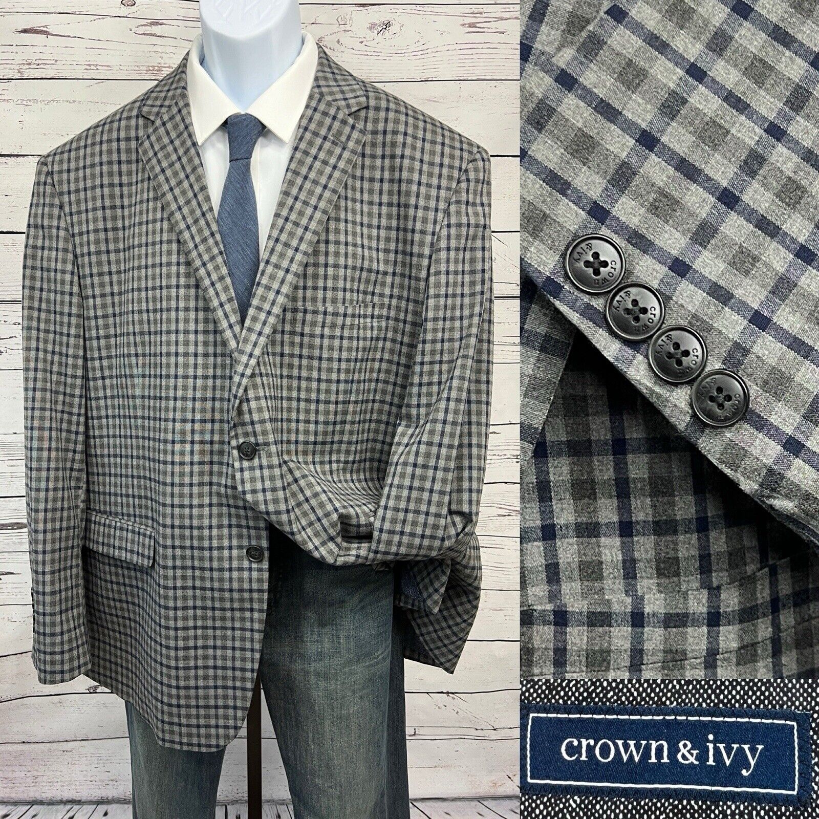 CROWN & IVY 2 Button Sport Coat Mens 52R Plaid Suit Blazer Gray Navy Jacket