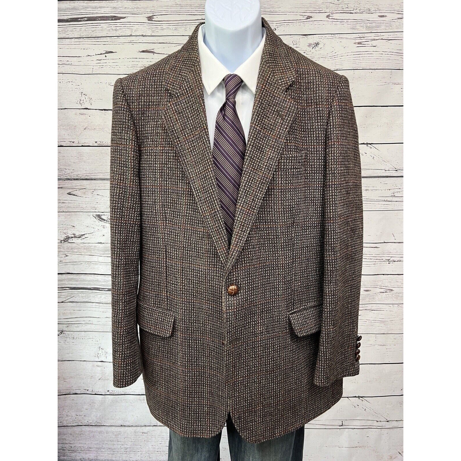 Stafford Sport Coat 43R British Isles Tweed Windowpane England Wool Vintage