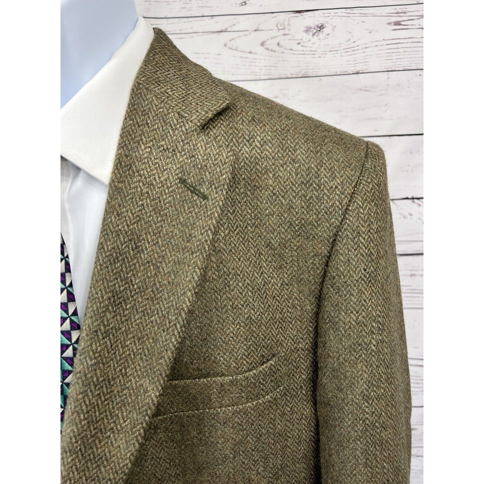 BARRINGTON 2 Button Tweed Blazer Mens 44R Herringbone Green Wool Coat Jacket