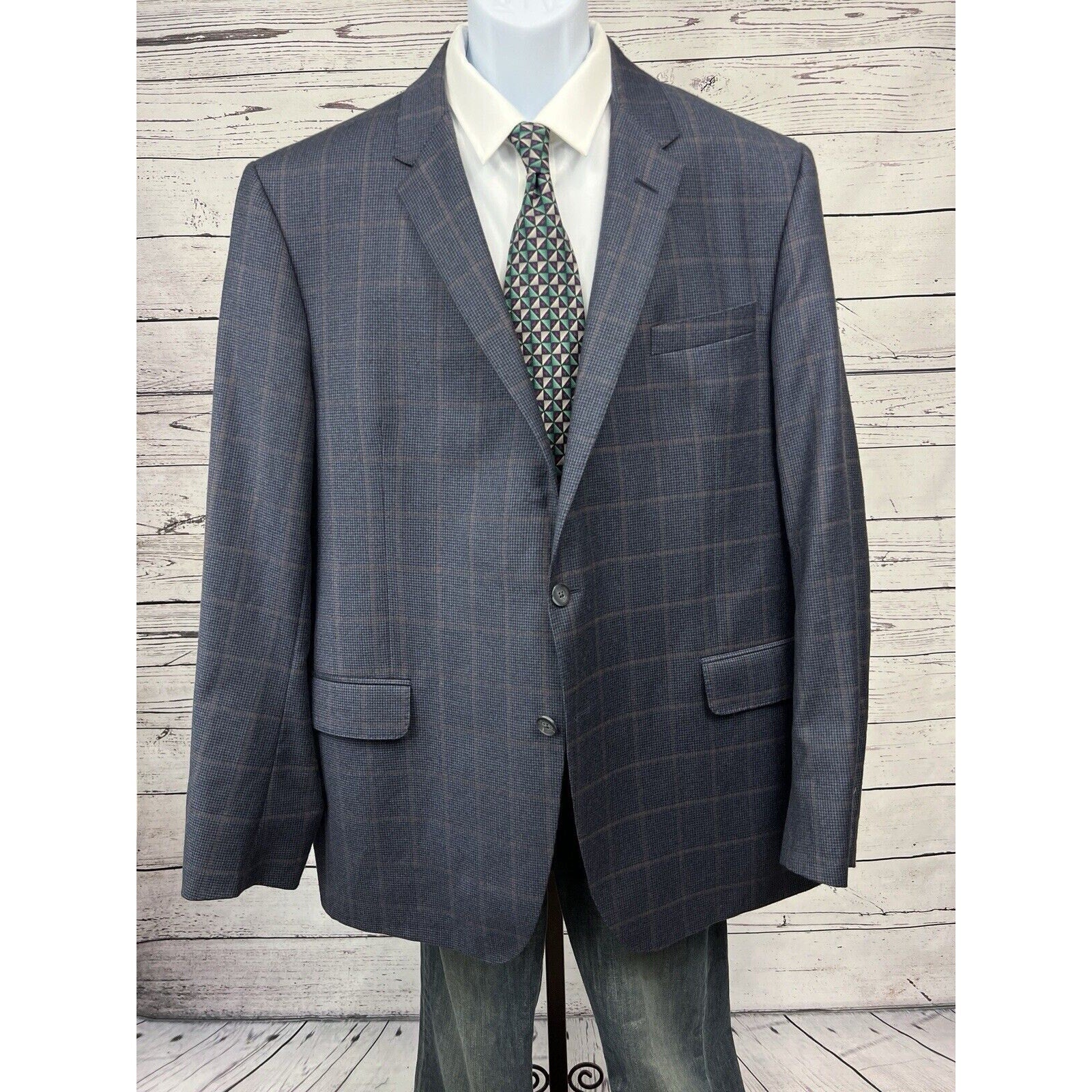 Coppley Gibson 2 Button Sport Coat Mens 50T Windowpane Wool Blue Jacket