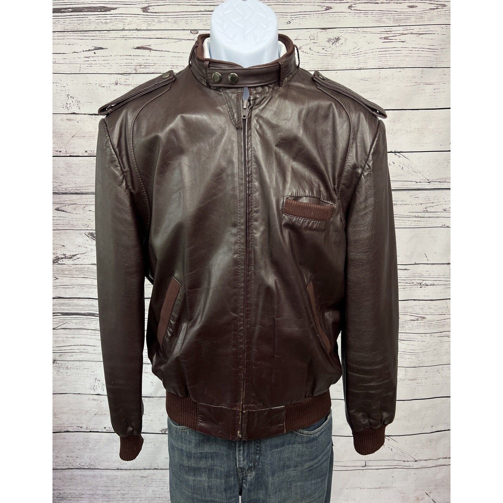 Vintage Leather Bomber Jacket Mens 42 Large Motorcycle Biker Racer Coat 70s