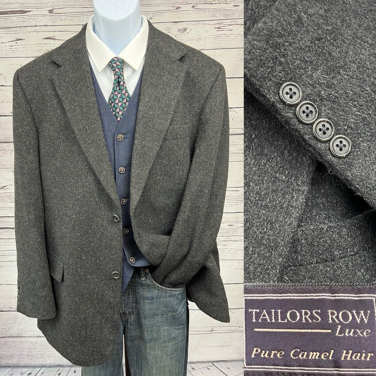 Tailors Row Luxe 2 Button Camel Hair Sport Coat Men’s 44R Jacket Blazer Charcoal