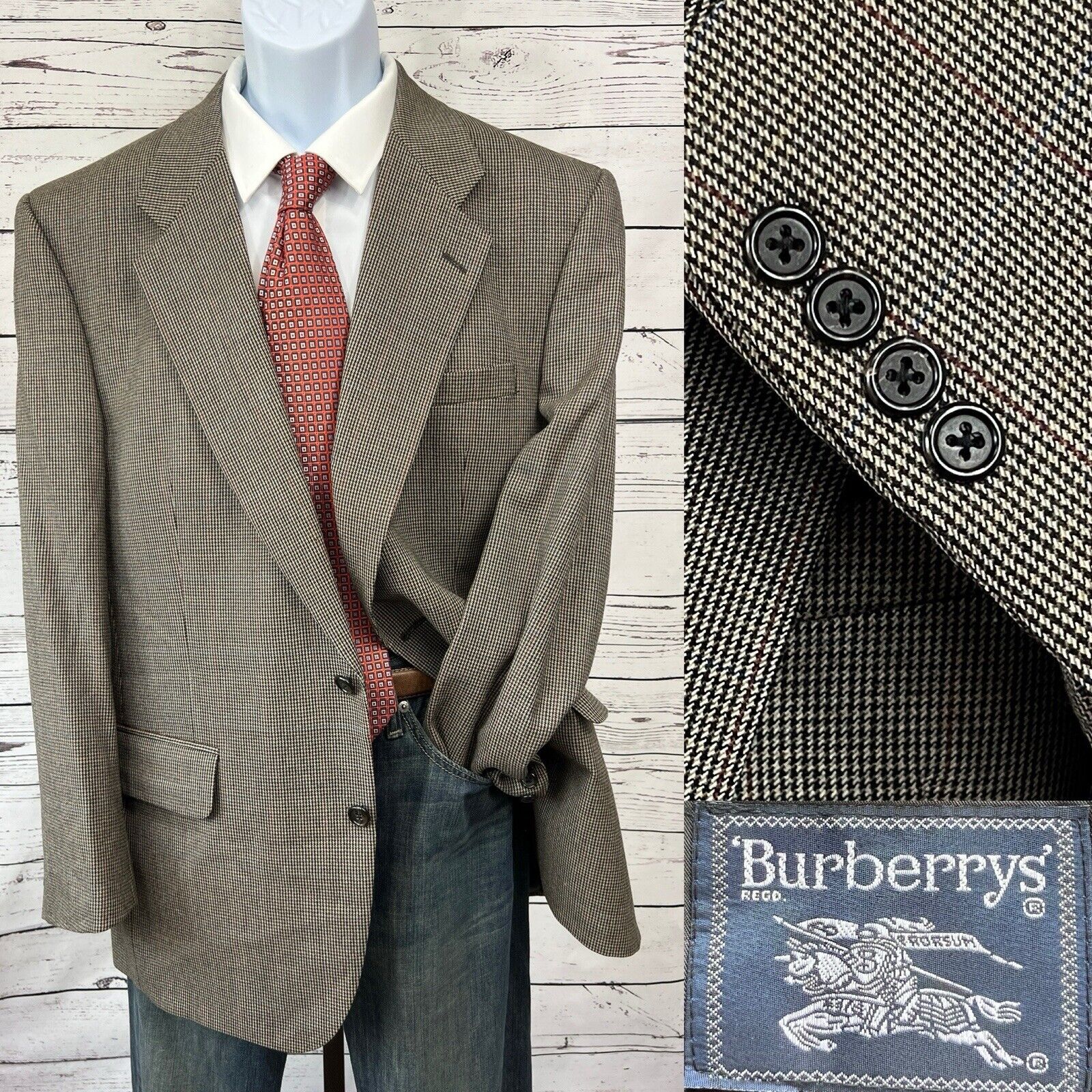 Vintage Burberry’s 2 Button Blazer Mens 44R Houndstooth Wool Jacket Brown