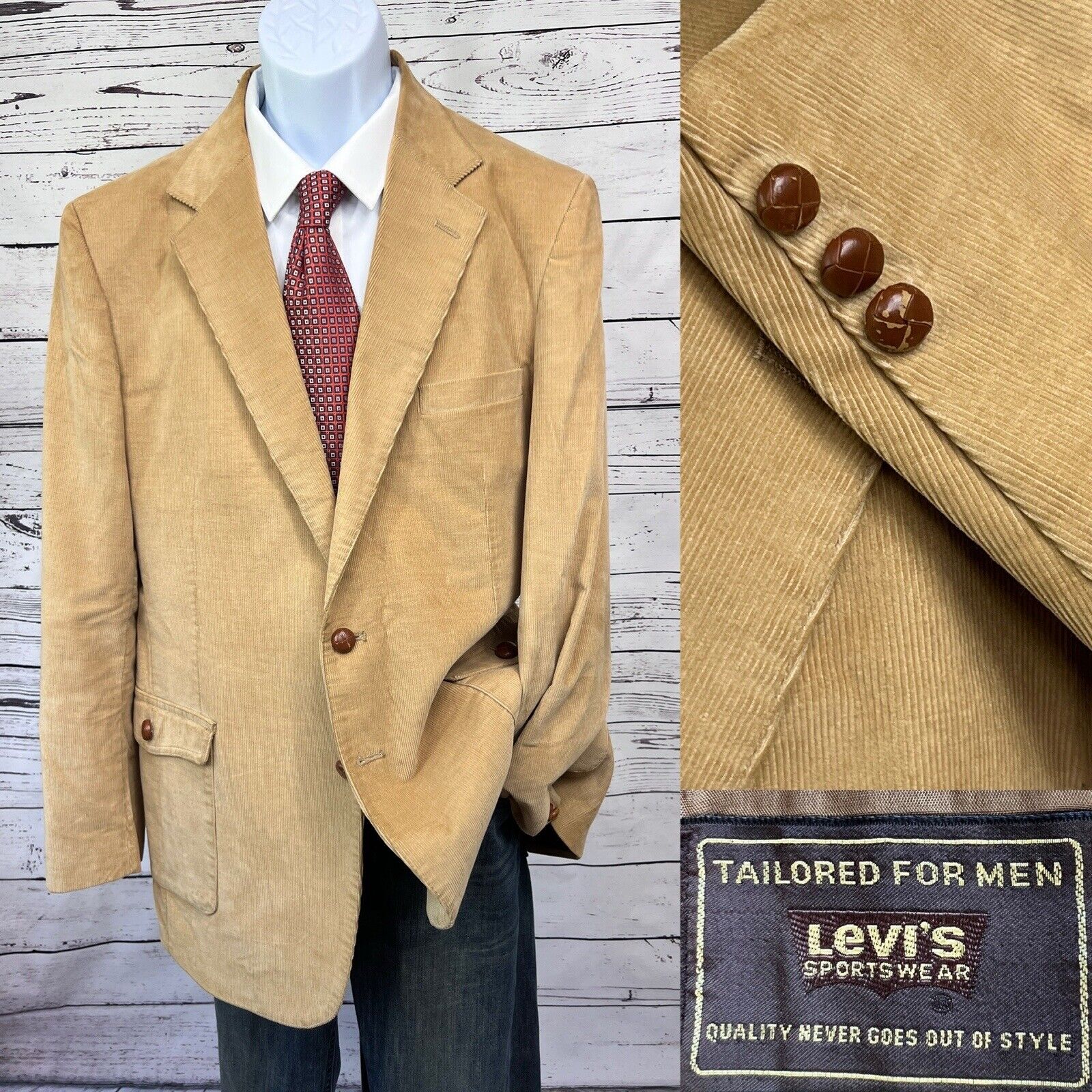 Vintage Levis Corduroy 2 Button Blazer Mens 44L Jacket Wood Button Tan Classic