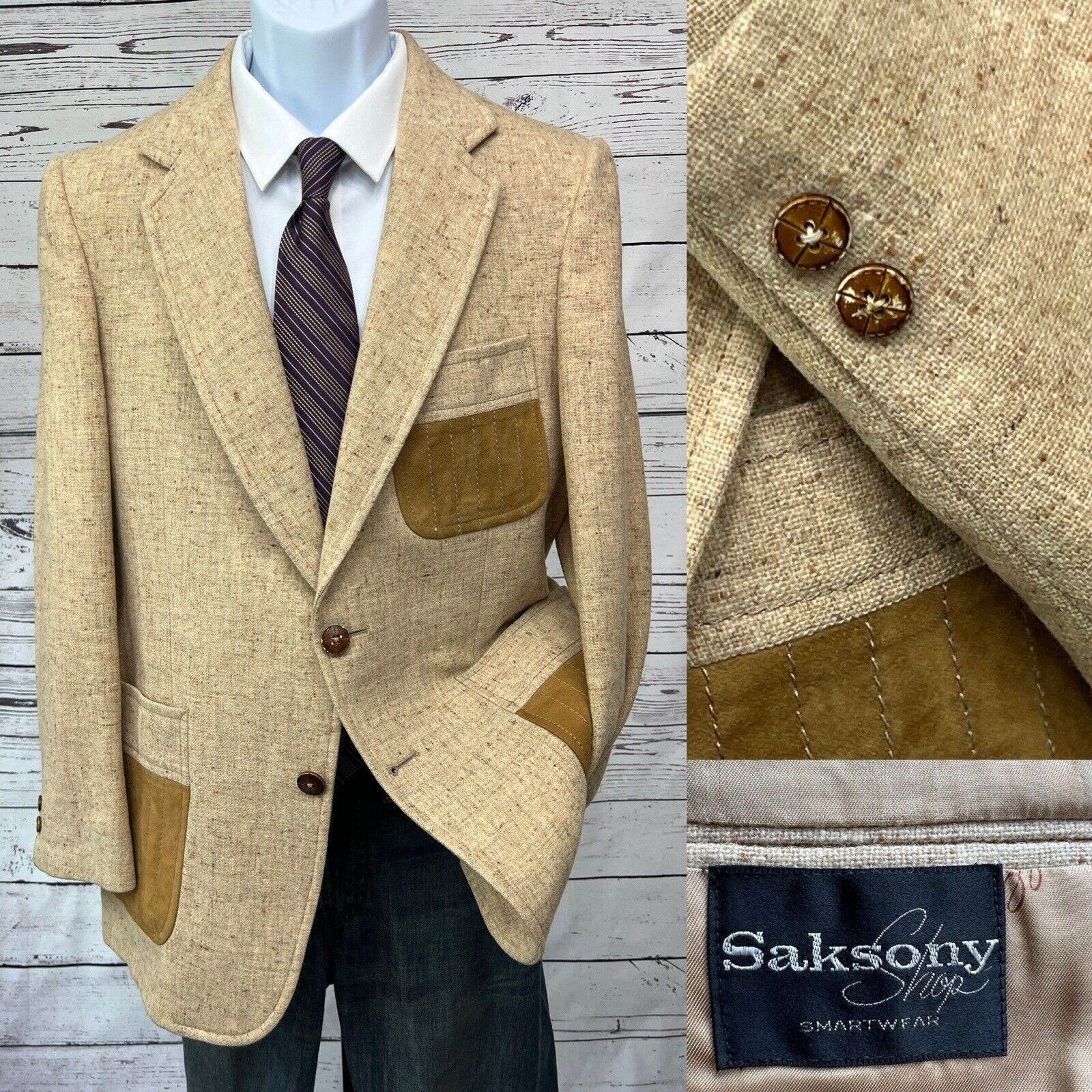 Taverly 2 Button Hunting Blazer Men’s 40R Tan Suede Accents Wool Vintage