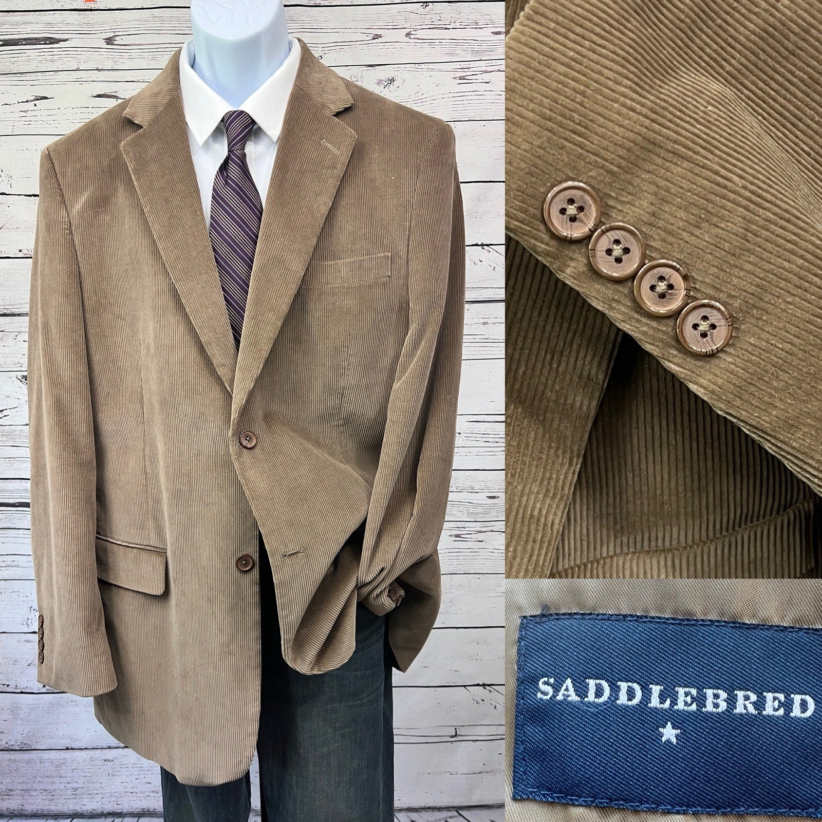 Saddlebred 2 Button Sport Coat Men’s 44L Corduroy Brown Cotton Jacket Blazer