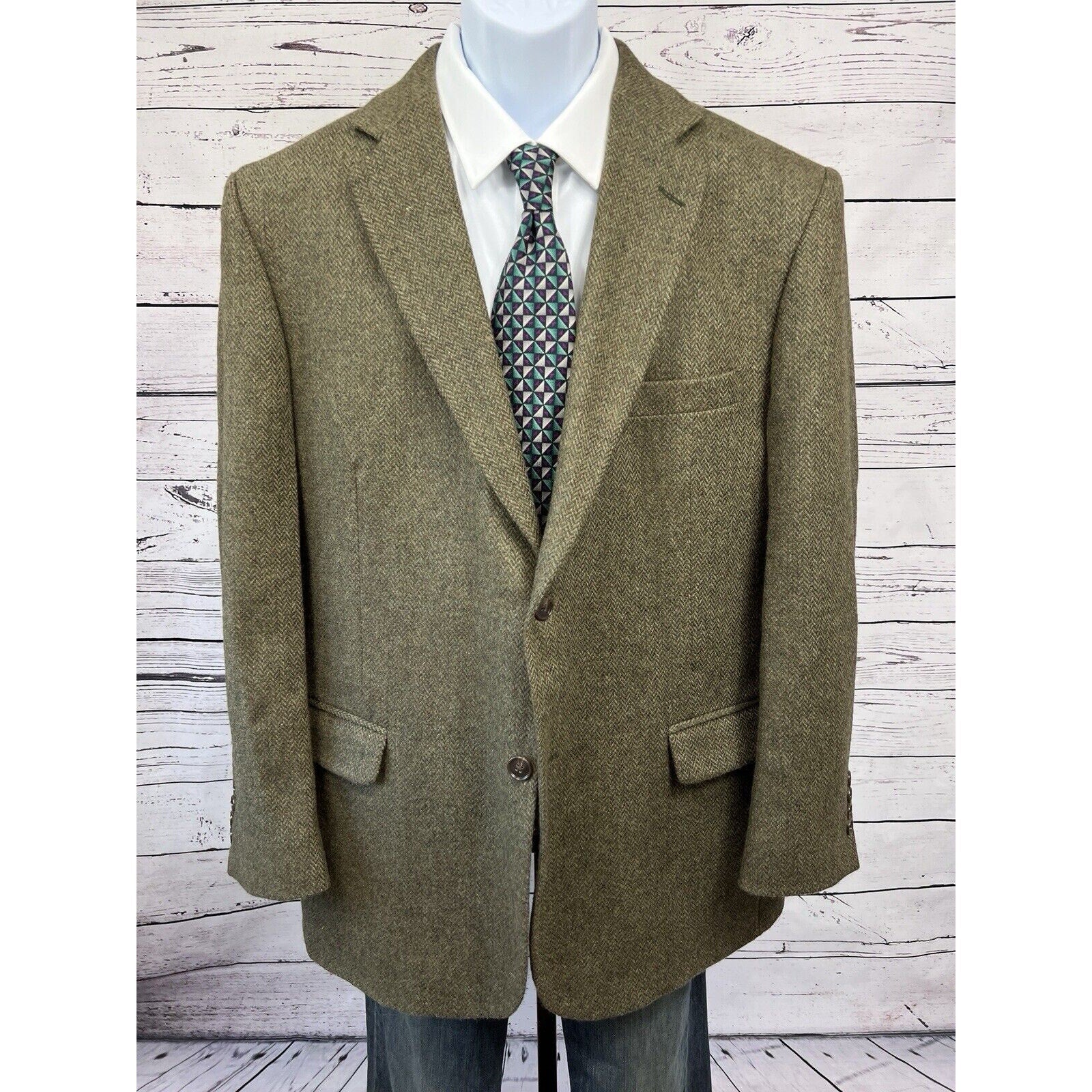 BARRINGTON 2 Button Tweed Blazer Mens 44R Herringbone Green Wool Coat Jacket