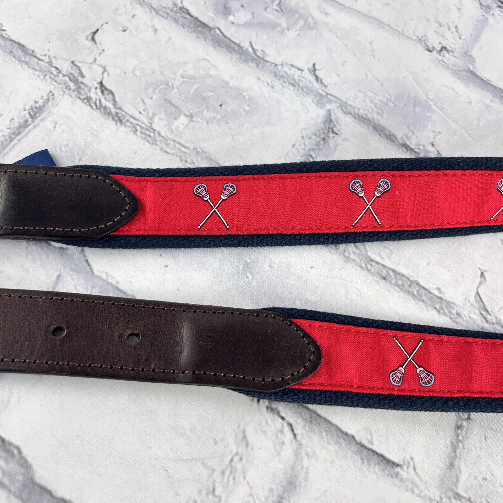 Vineyard Vines Men’s Sz 32 Belt Lacrosse Sticks Leather Canvas Brass Buckle Red