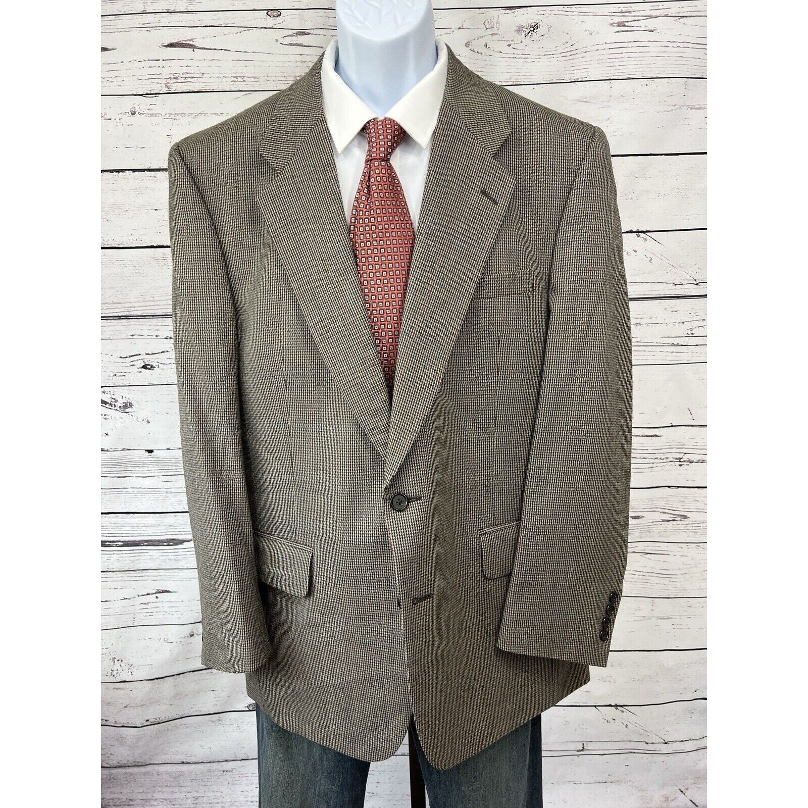 Vintage Burberry’s 2 Button Blazer Mens 44R Houndstooth Wool Jacket Brown