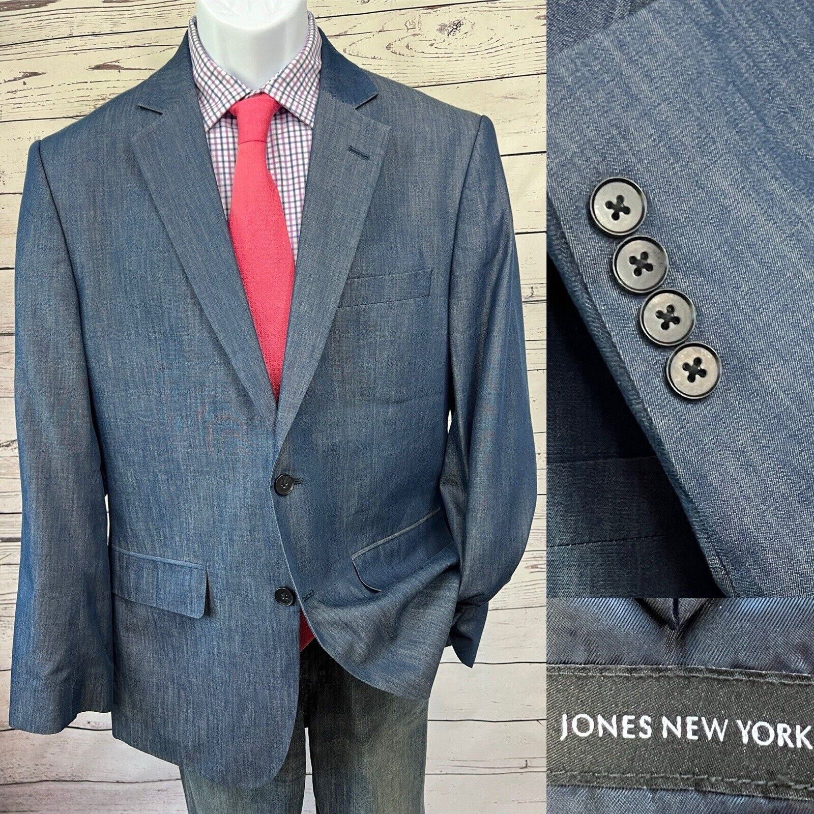 Jones New York 2 Button Sport Coat Men’s 40R Blue Denim Look Blazer Suit Jacket