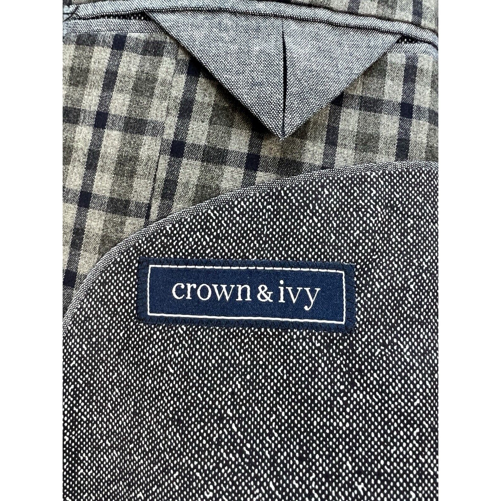 CROWN & IVY 2 Button Sport Coat Mens 52R Plaid Suit Blazer Gray Navy Jacket