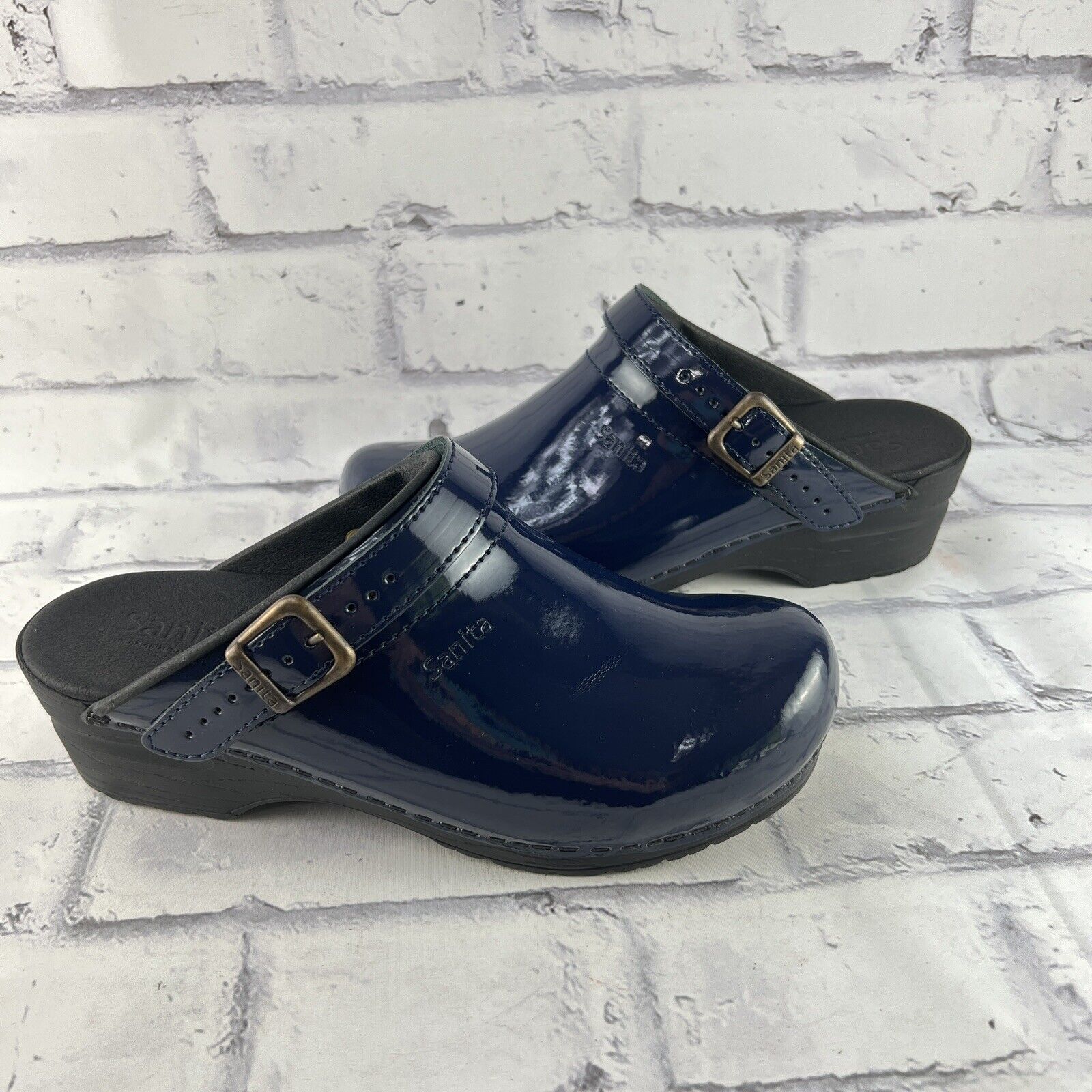 Sanita Estelle Patent Leather Clogs Womens 39 (US 7.5 - 8 ) Buckle Blue Mules