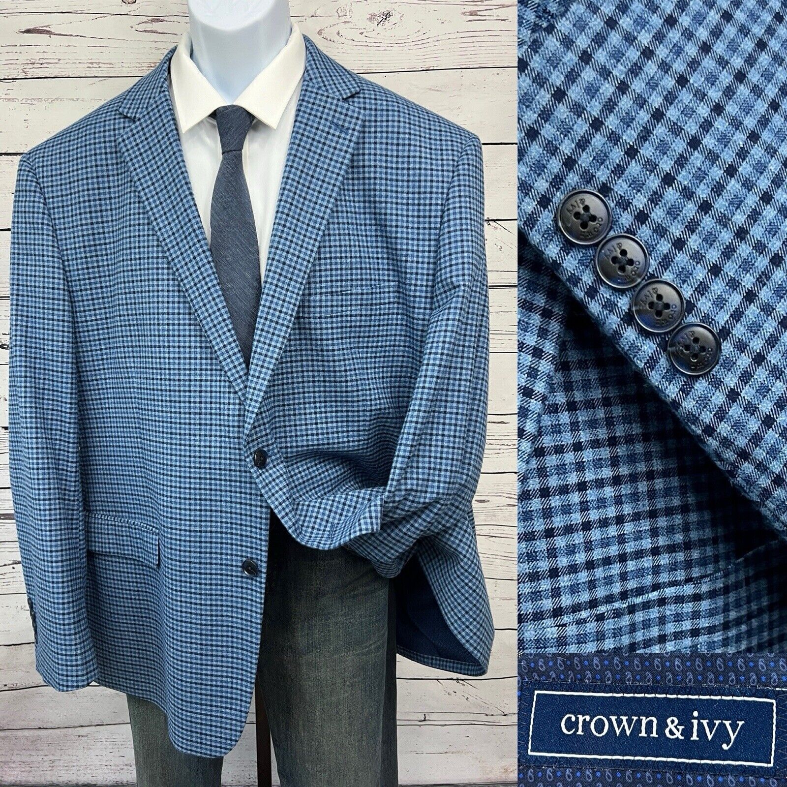 CROWN & IVY 2 Button Sport Coat Mens 52R Suit Blazer Blue Check Plaid Jacket