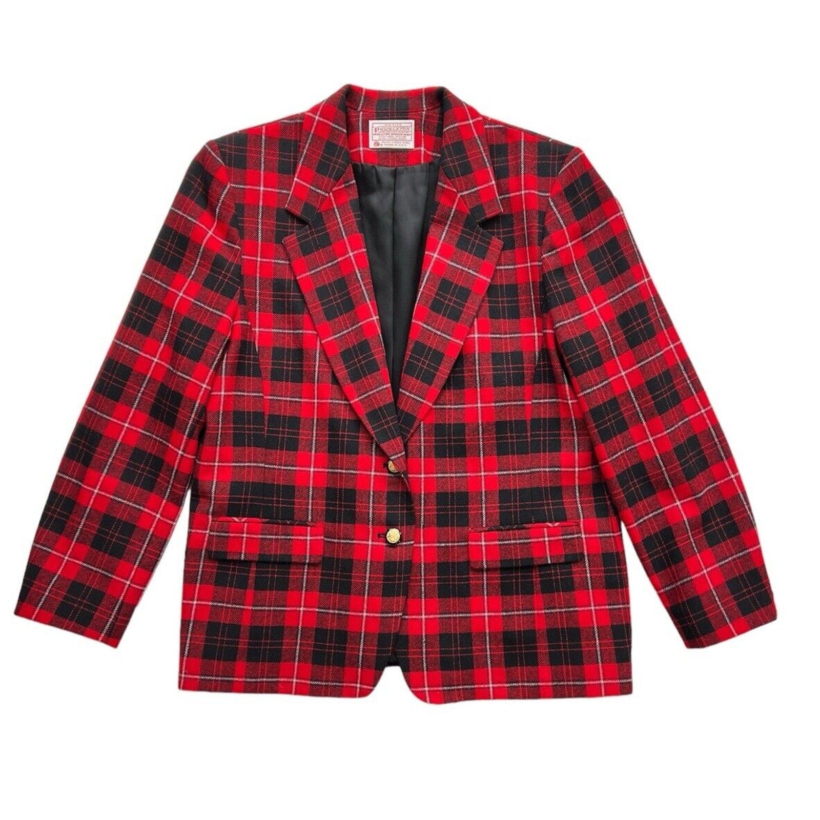 Pendleton 2 Button Blazer Women’s 16 Petite Red Buffalo Plaid Wool Jacket USA