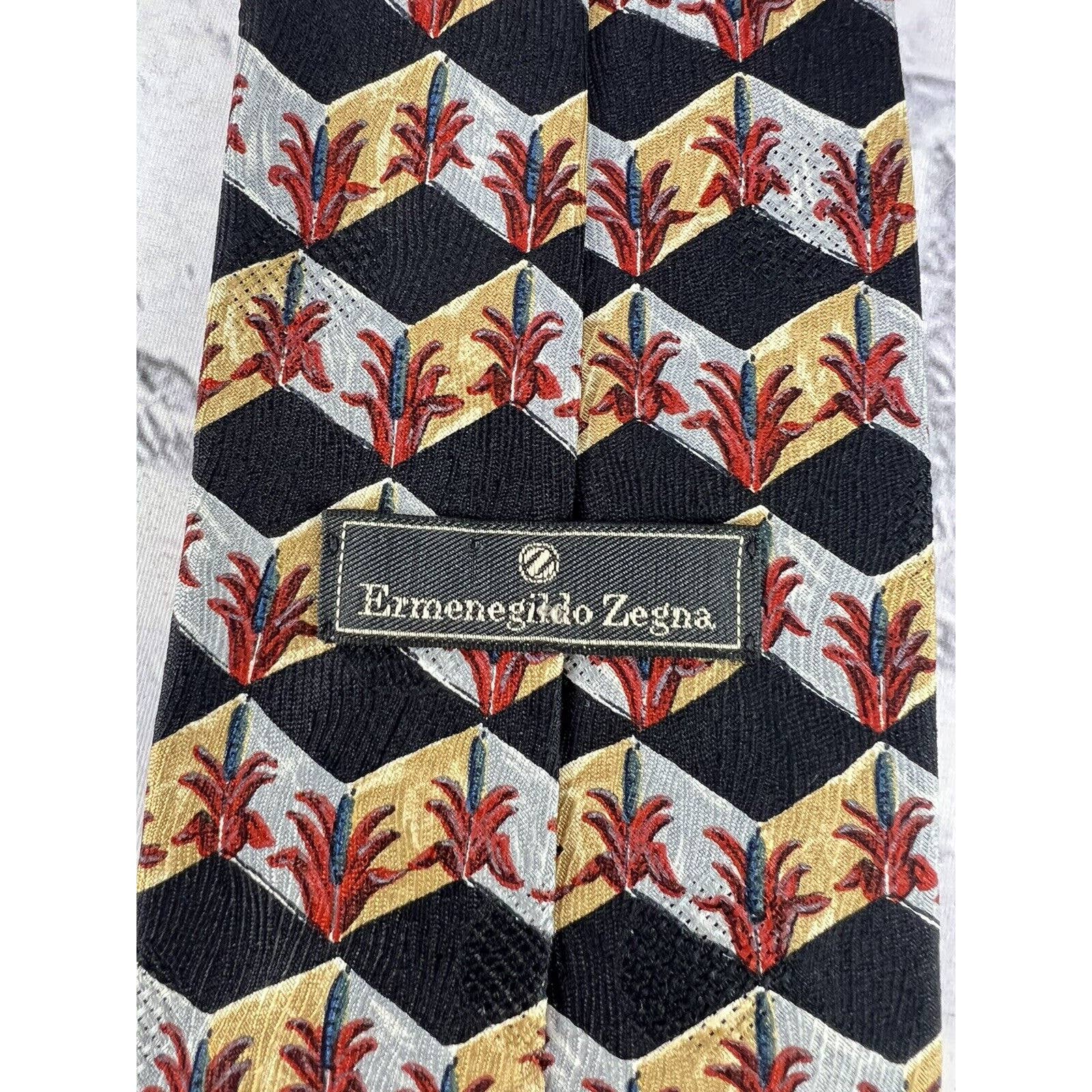 Ermenegildo Zegna Silk Tie Floral Geometric Pattern 58.5” X 4” Black Gold Red
