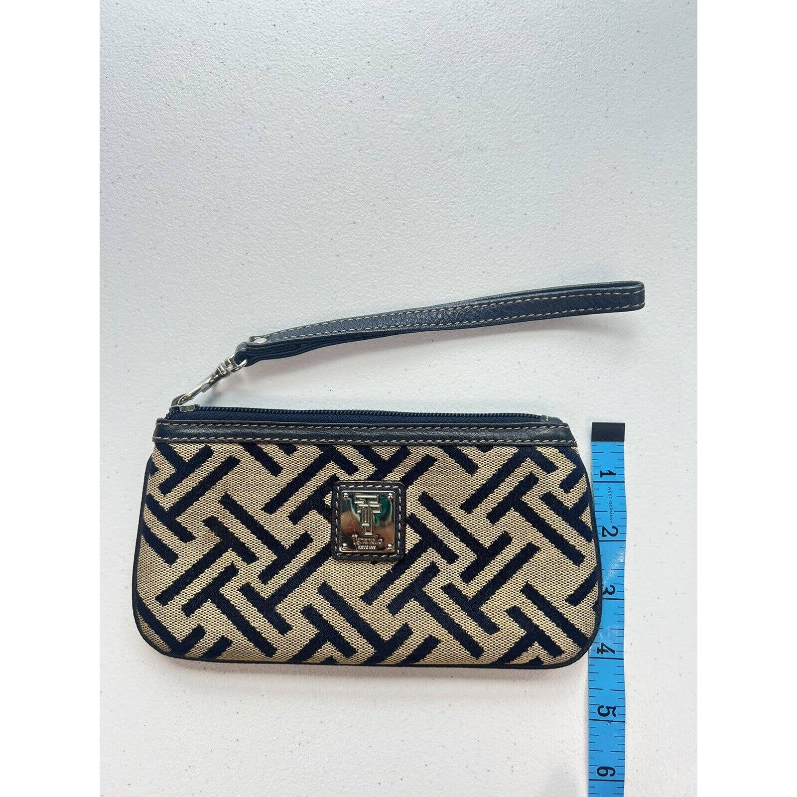 Tignanello Wristlet Wallet Signature Fabric Tan With Blue Leather Trim 8x4