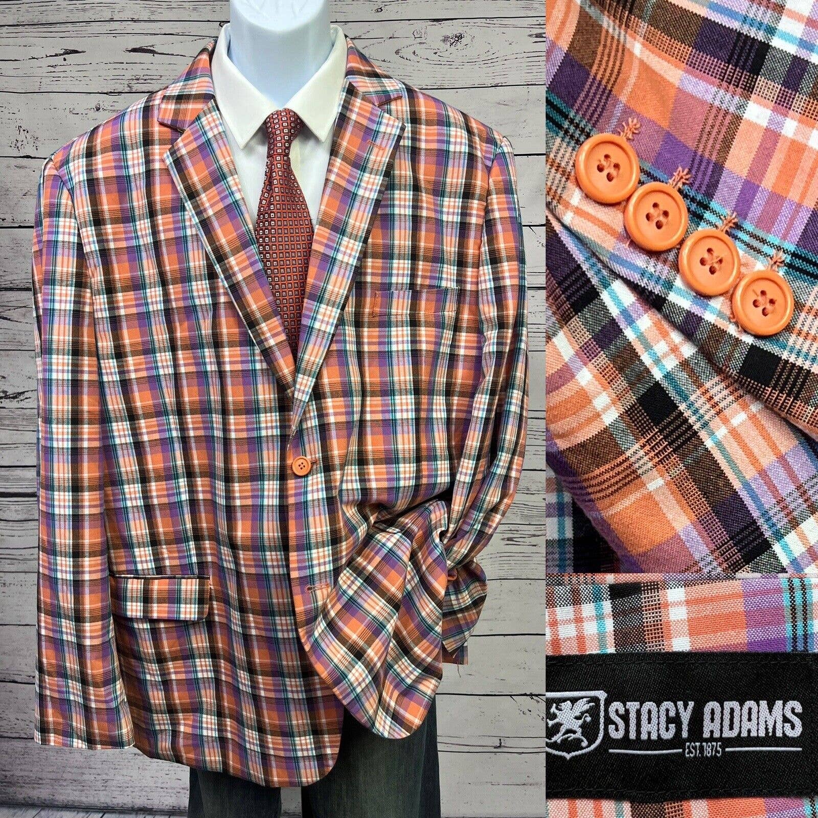 Stacy Adams 2 Button Sport Jacket Mens 52R Plaid Coat Orange And Purple