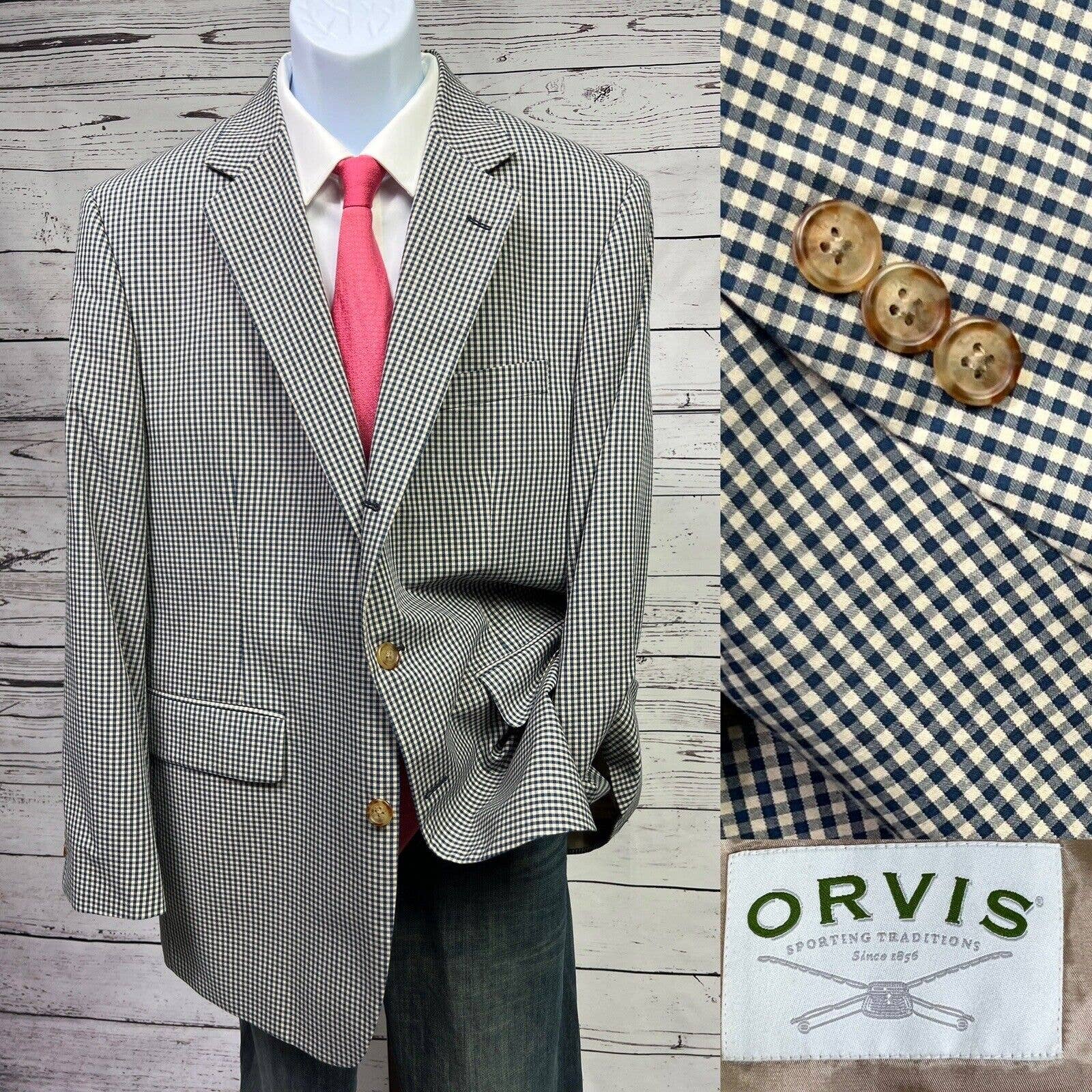 Orvis 3 Button Blazer Mens 44R Gingham Check Cotton Sport Coat Jacket Vintage