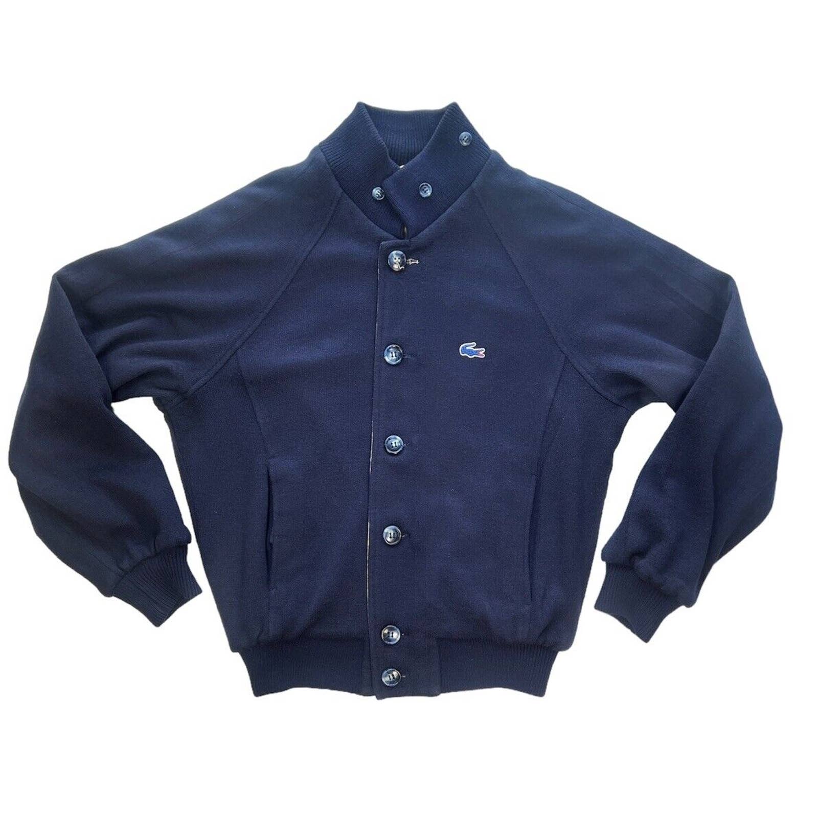 Vintage 80's Lacoste Reversible Sweater Jacket Men’s Small Bomber Tan & Blue