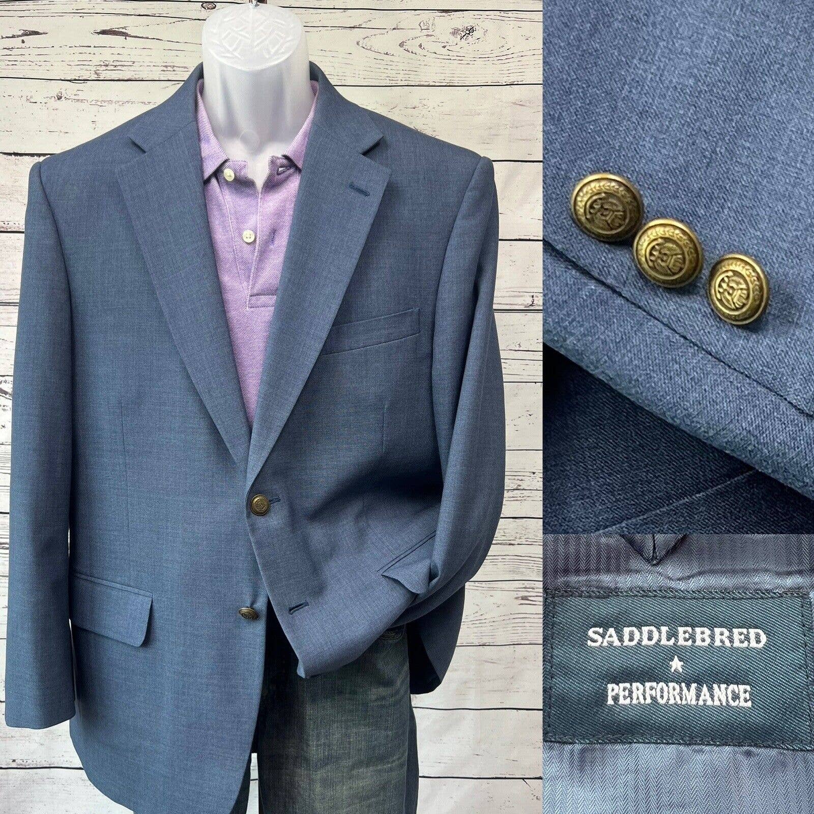 Saddlebred Performance Sport Coat Mens 42S Worsted Wool Blue Gold Buttons
